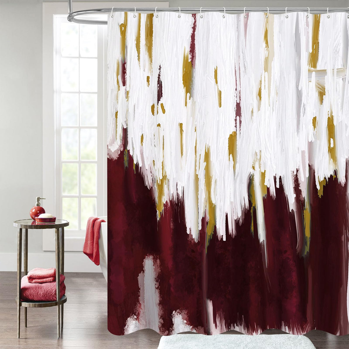 Mitovilla Burgundy Shower Curtain, Graffiti Ombre Fabric Shower Curtains For Modern Abstract Bathroom Decor, Brush Strokes Oil P