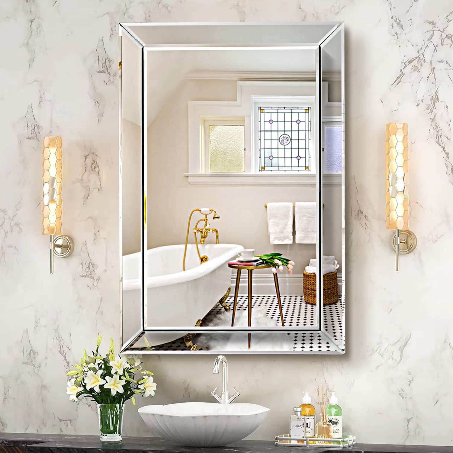 Pregaspor Mirror on Mirror Wall Mirror for Bathroom, 22 x 32 Rectangular Frameless Bathroom Vanity Mirrors for Wall, Polished Be