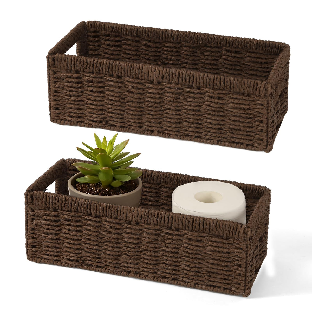 Maqauai Paper Rope Wicker Storage Baskets with Handles, 2 Pack Foldable Storage Basket, Rectangle Brown Wicker Basket for Pantry
