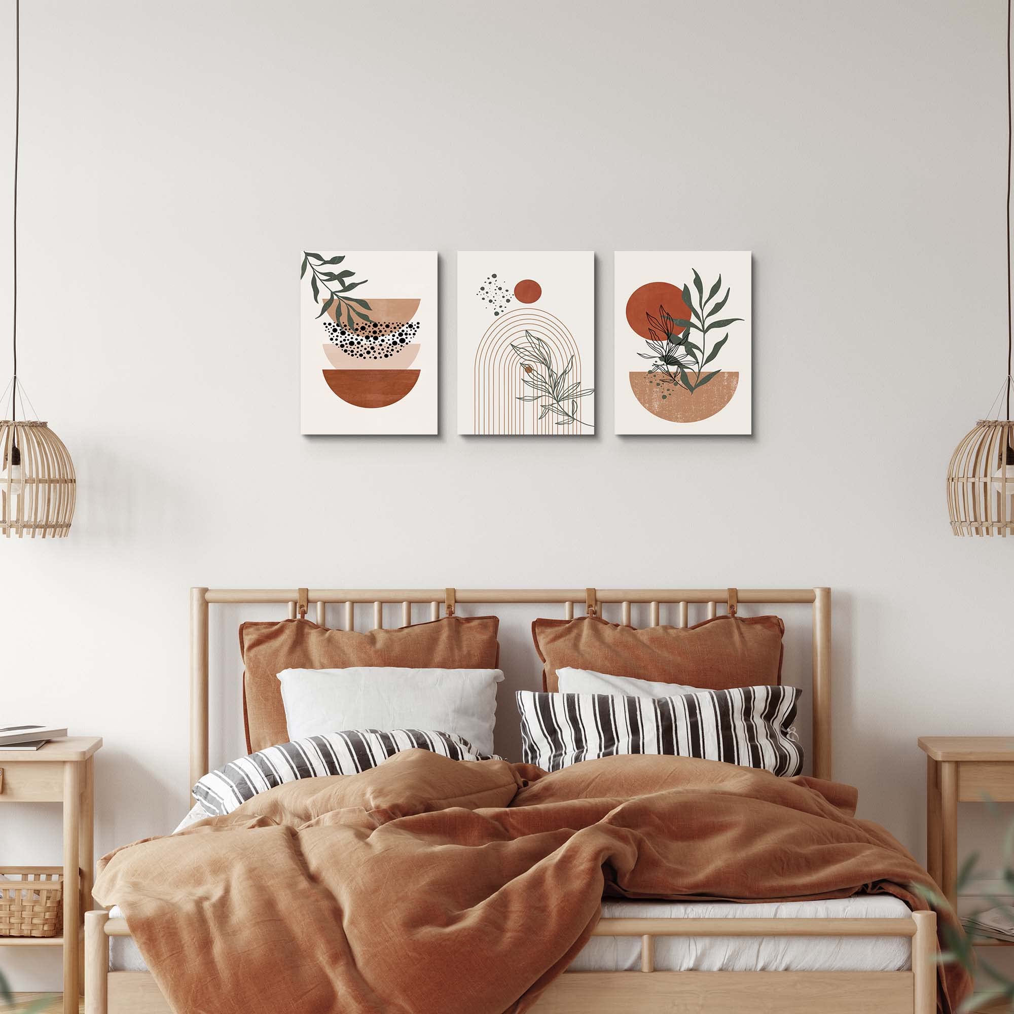 Boho Wall Art Prints, Boho Wall Decor, Abstract Geometric Prints Black Beige Terracotta Minimalist Art, Natural Framed Canvas Pr