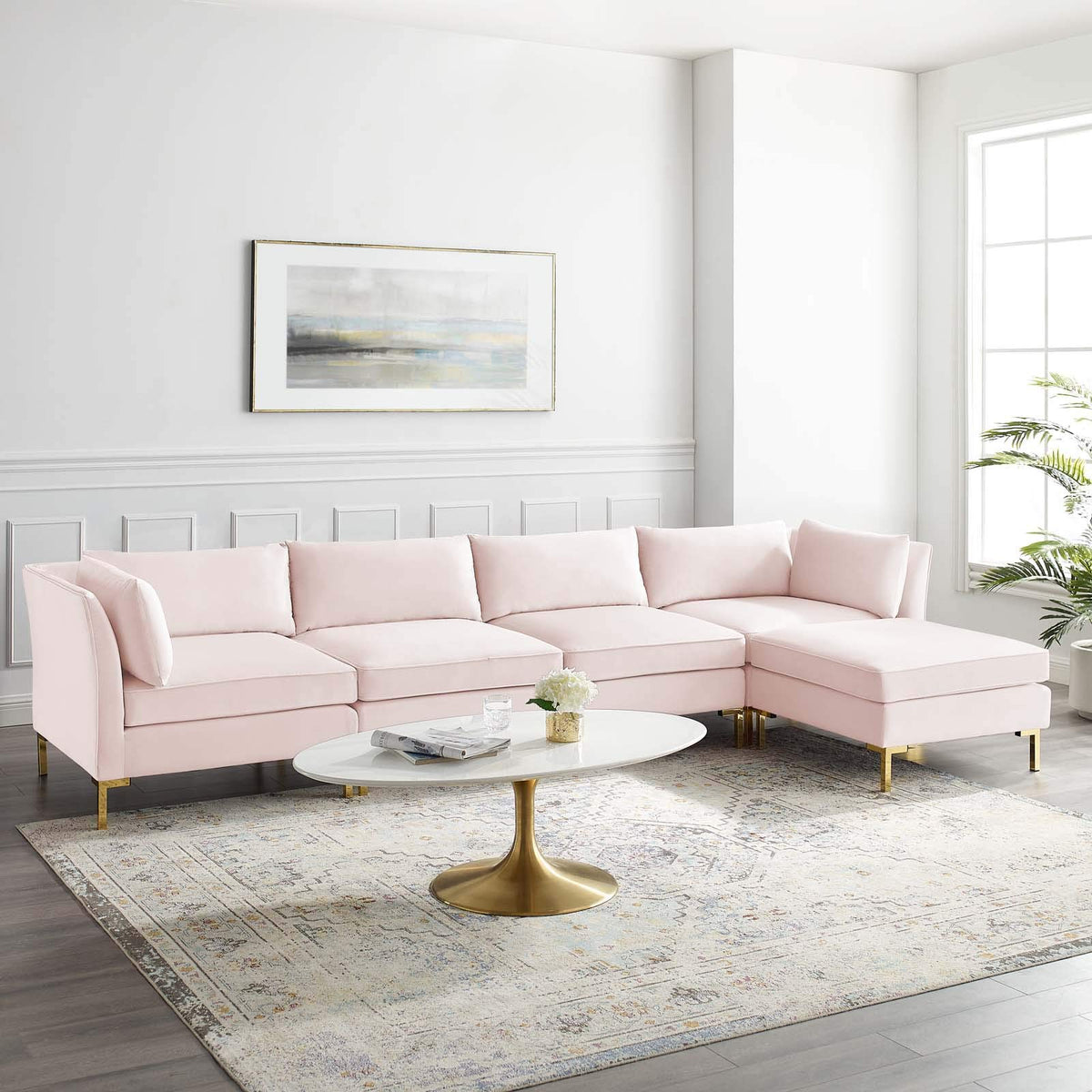 Modway Ardent Performance Velvet Sectional Sofa, 5 Piece W/Chaise, Pink