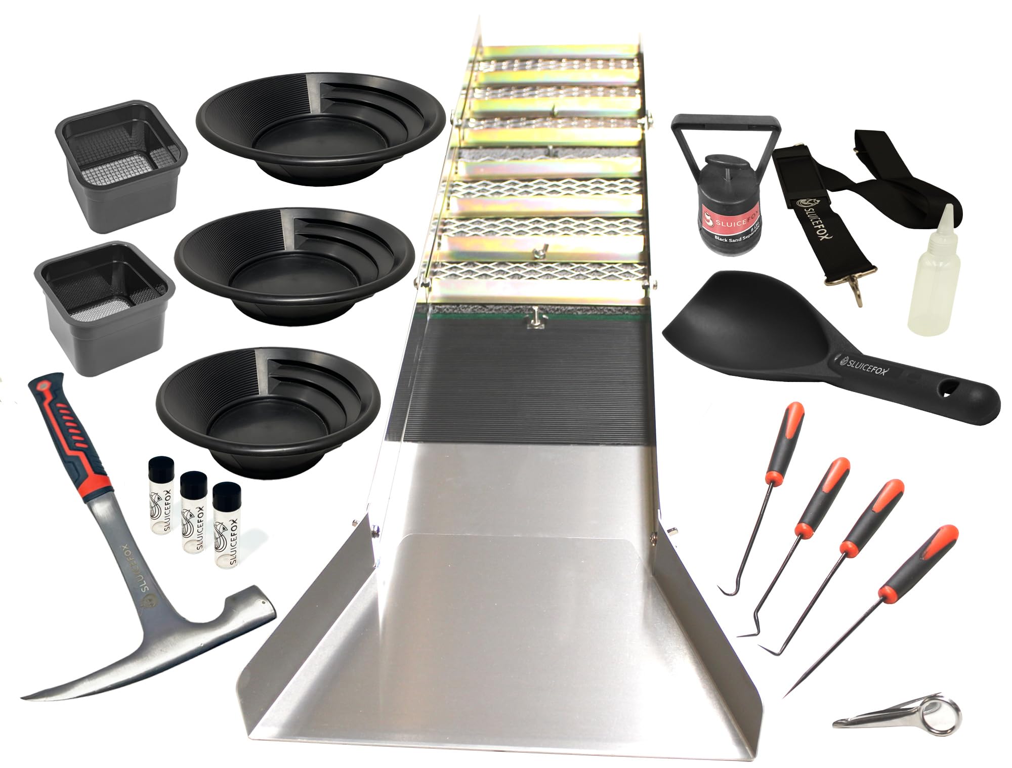 Complete Gold Mining Kit; Folding 50 Inch Gold Sluice Box; Gold Prospecting Equipment; Rock Pick Hammer; Gold Classifiers; Pay D
