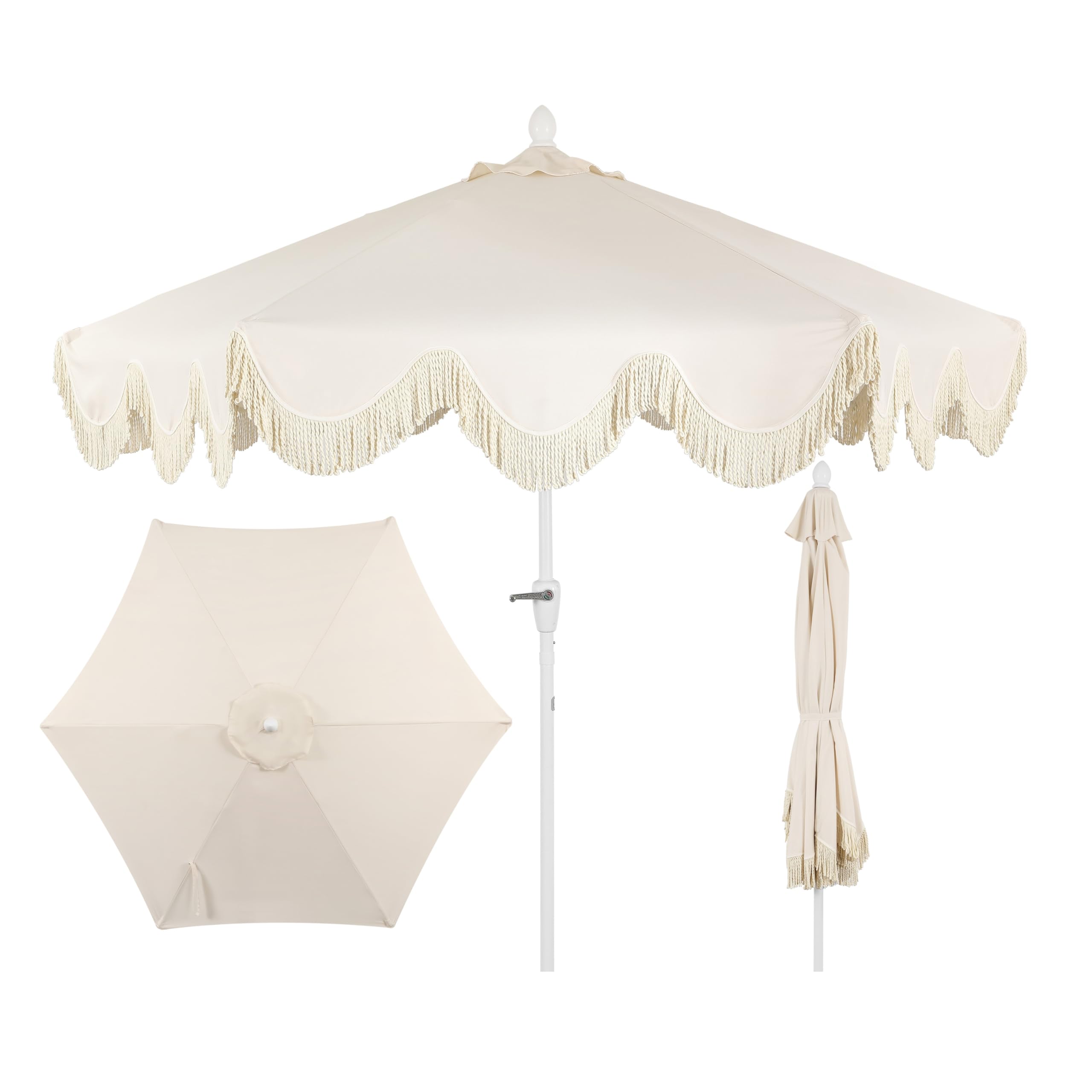 JONATHAN Y UMB1001E Collins 9 ft. Classic Cottage Tassel Market Patio Umbrella with Auto-Tilt, Crank, Wind Vent and UV Protectio