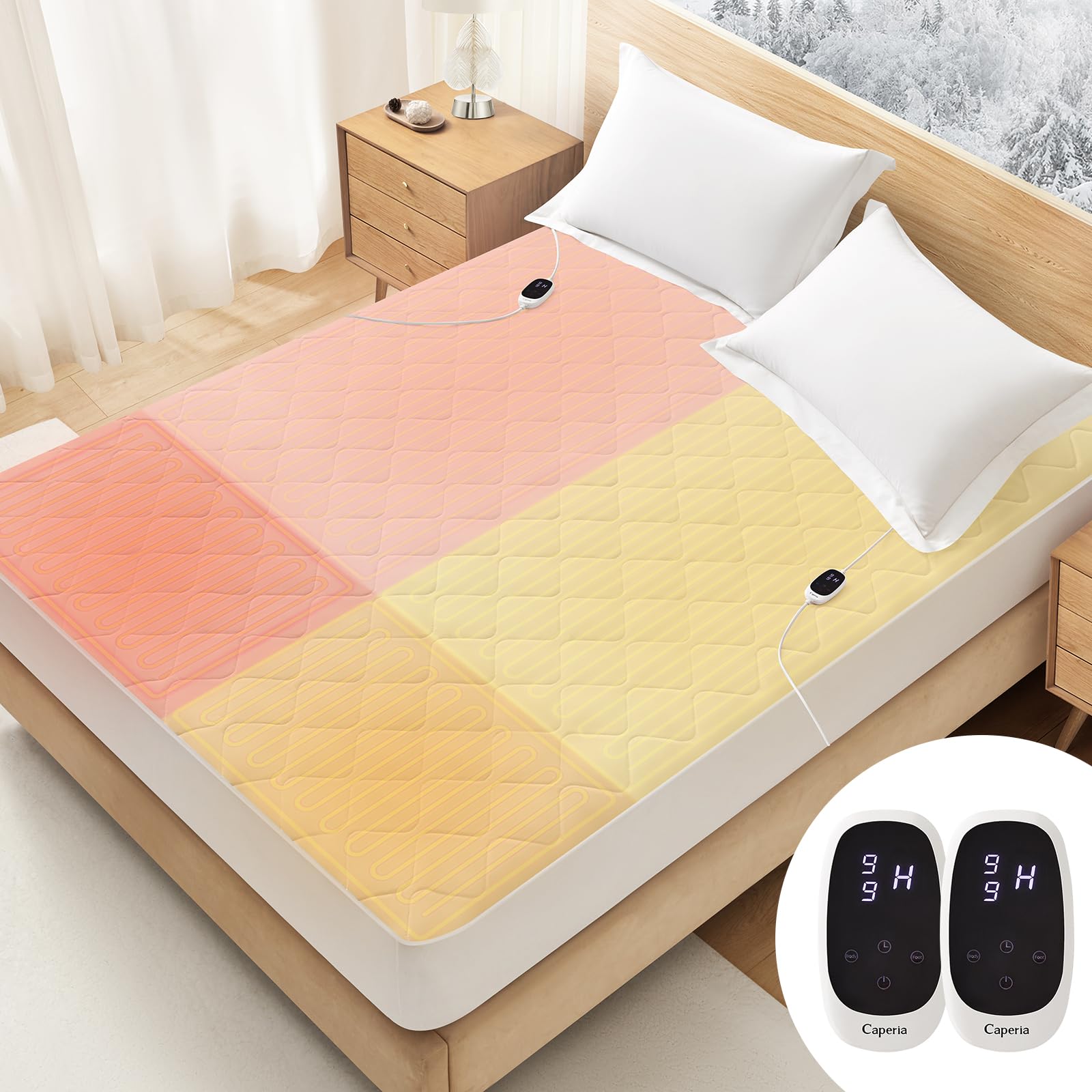 Caperia Heated Mattress Pad Quilted Multizone Electric Mattress Pad Individual Body And Feet Bed Warmer 9 Heat Settings 1-12 Hou