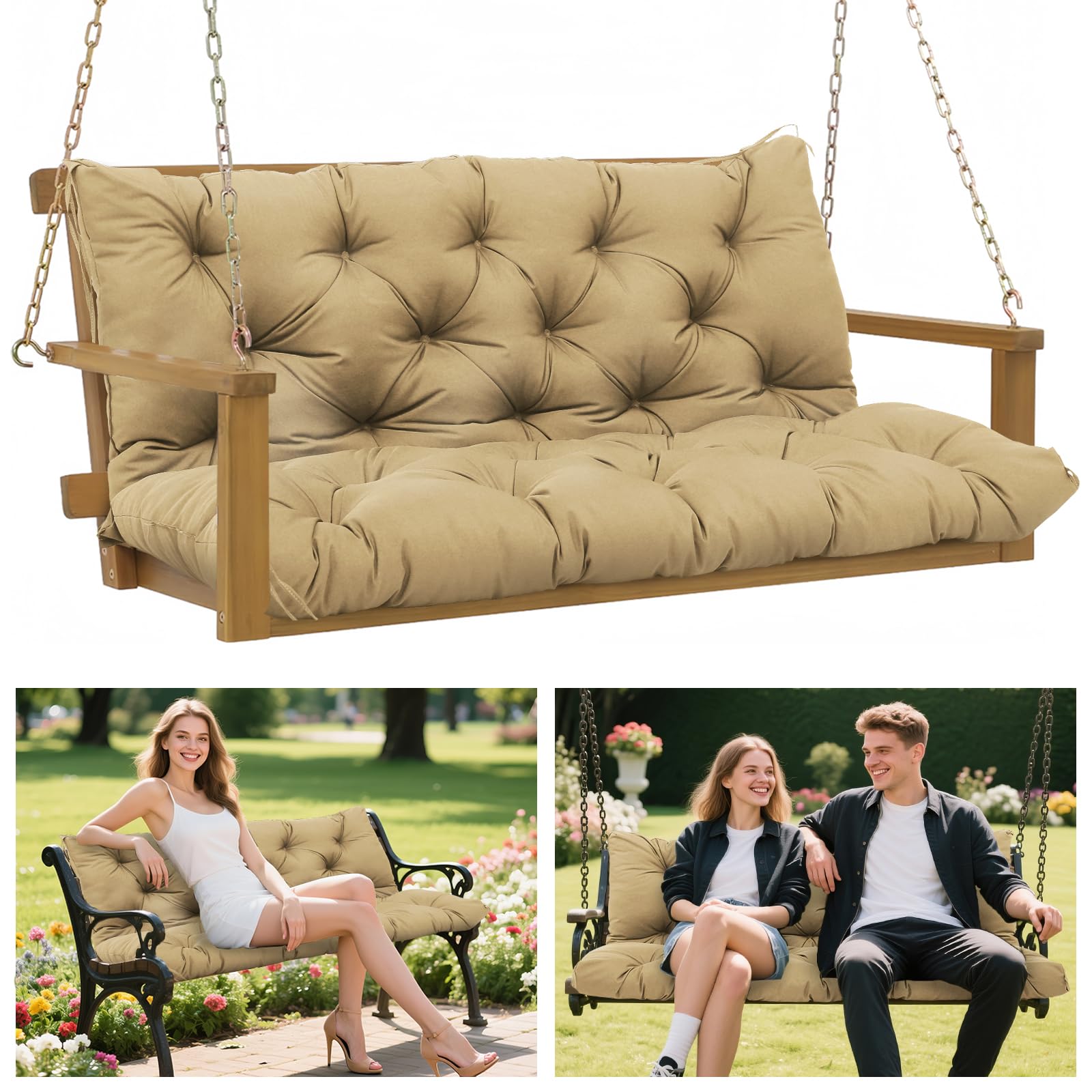 Bfwhq Fade Resistant Porch Swing Cushions Outdoor 60 Inch Waterproof Extra 5' Thick 3 Seater Replacement Swing Cushions With Ba
