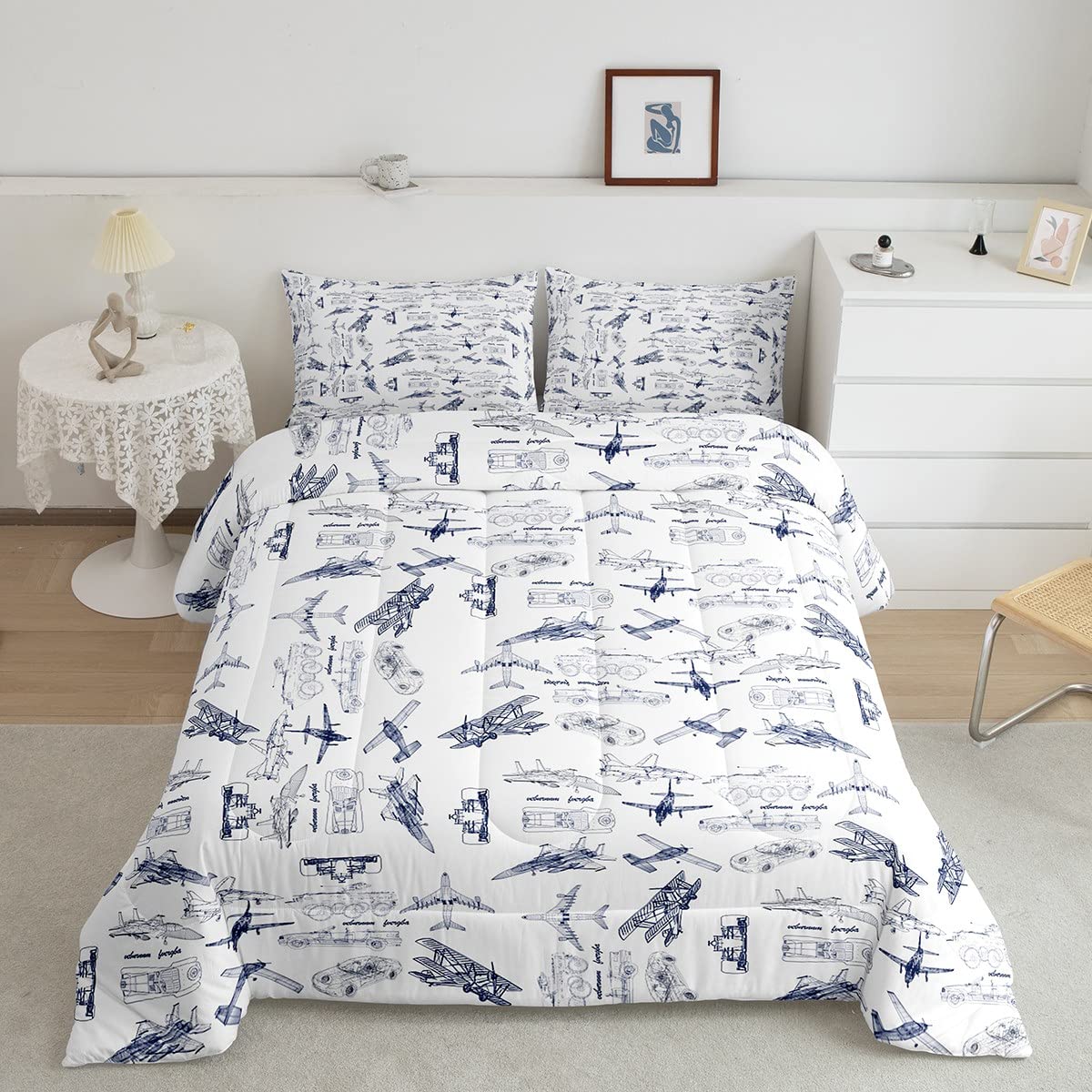 Feelyou Aircraft Bedding Set Kids Airplane Print Comforter Set Boys Girls Decor Aircraft Flying Comforter Cover Set Microfiber S