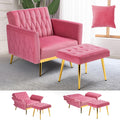 Acmease Velvet Accent Chair With Adjustable Armrests And Backrest, Button Tufted Lounge Chair, Single Recliner Armchair With Ottoman And Pillow For Living Room, Bedroom, Pink