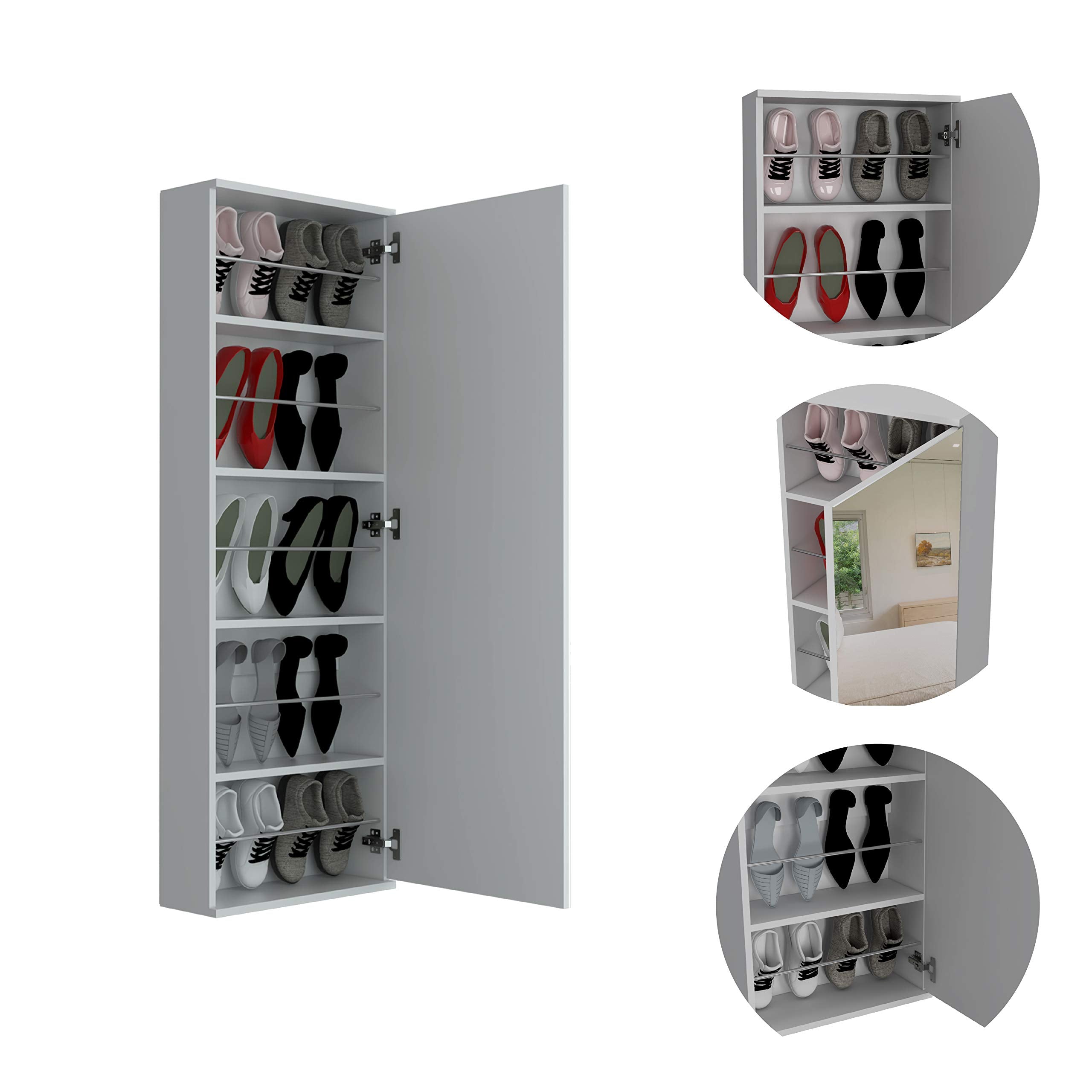 Baltimore Wall Mounted Shoe Rack With Mirror, Single Door, And Five Internal Storage Shelves, Approximate Capacity For Ten Shoes, 54&Quot; H, White, Bedroom