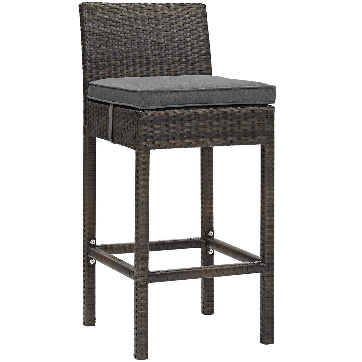 Modway Conduit Wicker Rattan Outdoor Patio Bar Stool with Cushion in Brown Charcoal