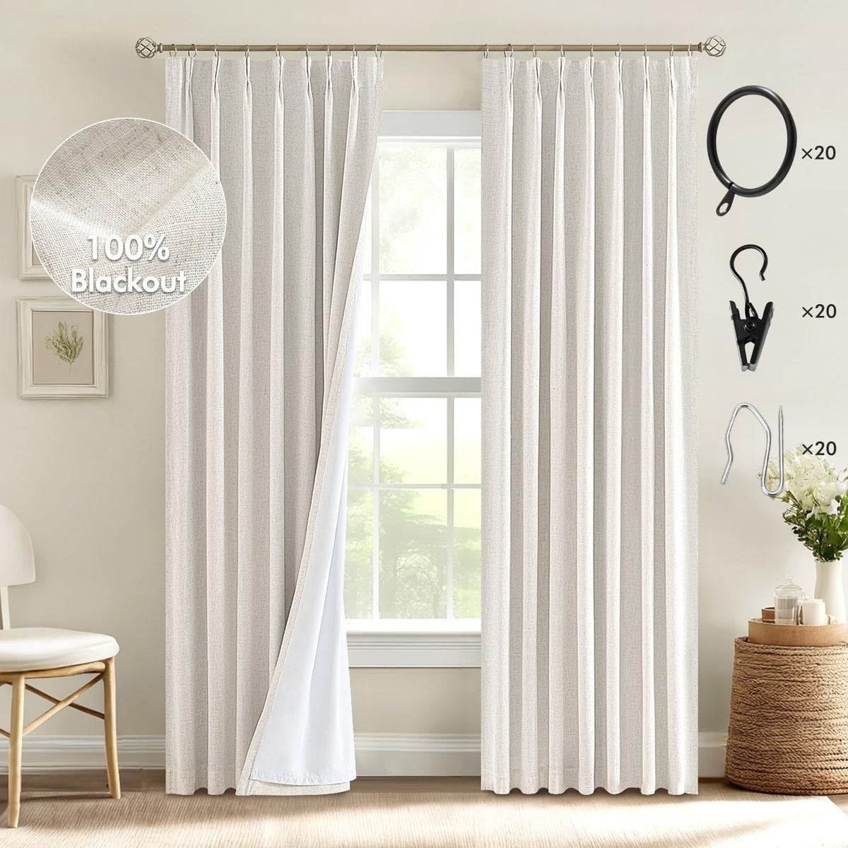 Miulee Natural Pinch Pleated 100% Blackout Linen Curtains 92 Inch Length 2 Panels Set, Pleat Curtains With Pin Hooks, Black Out