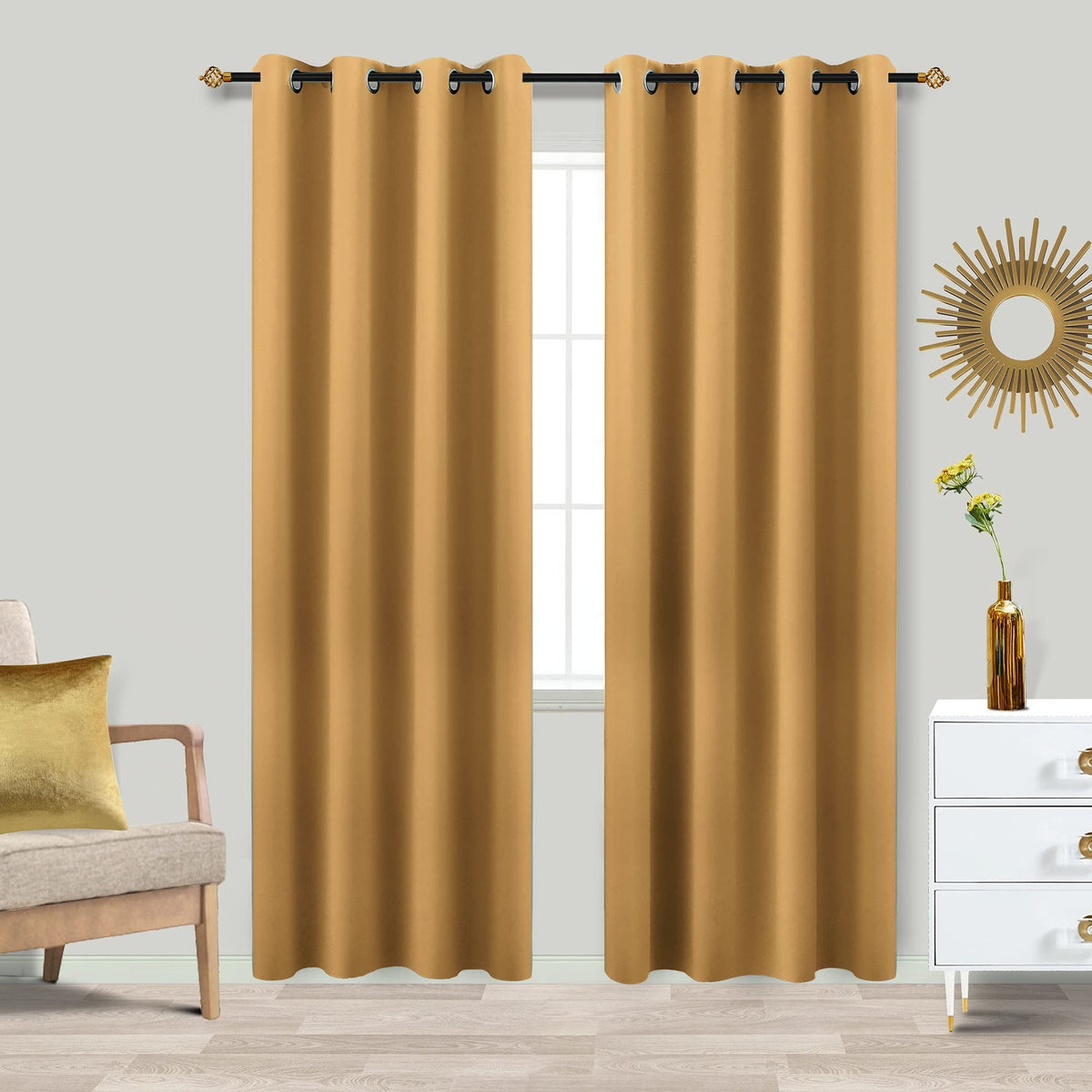 Koufall Luxury Gold Draperies 84 Length Living Room 2 Panels Grommet Blackout Window Elegant Curtains For Bedroom,7 Feet 7Ft Lon