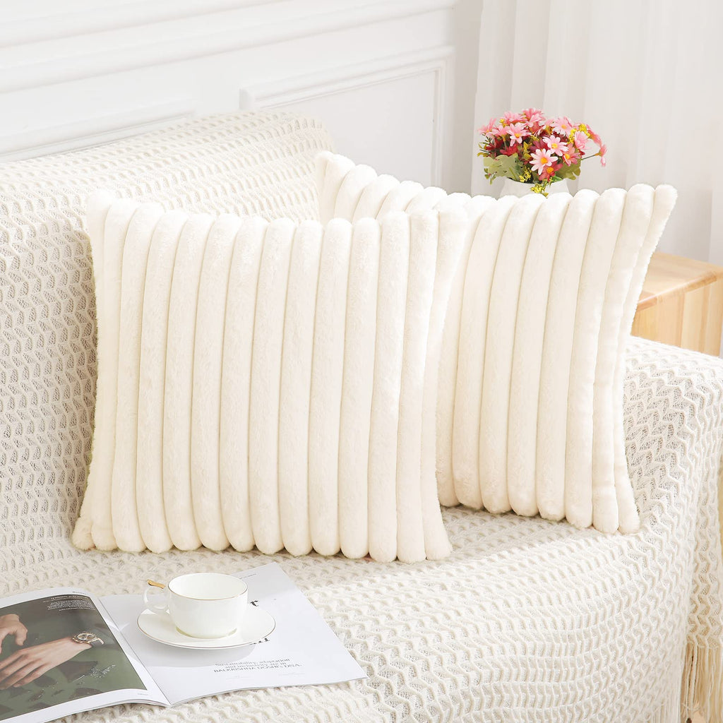 Pallene Faux Fur Plush Throw Pillow Covers 18X18 Set Of 2 - Luxury Soft Fluffy Striped Decorative Pillow Covers For Sofa, Couch,