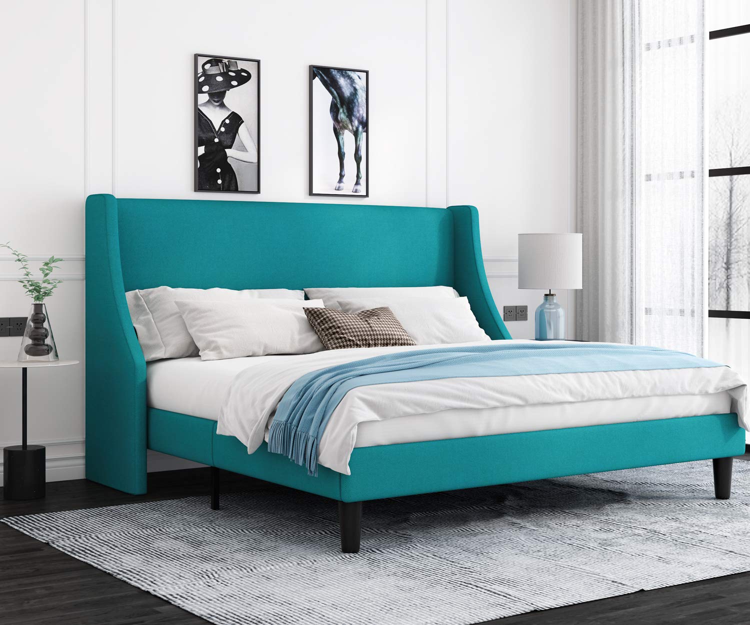 Allewie King Size Bed Frame, Platform Bed Frame With Upholstered Headboard, Modern Deluxe Wingback, Wood Slat Support, Mattress Foundation, Peacock Green