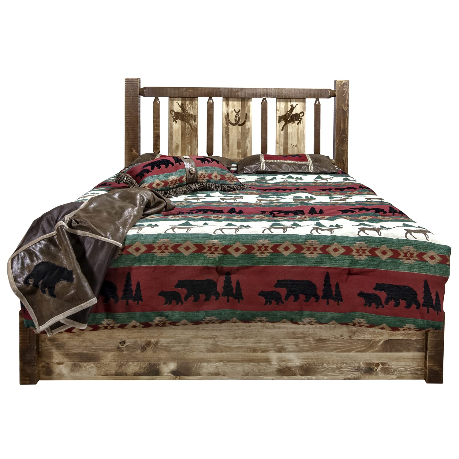 Montana Woodworks Homestead Collection Platform Bed w/Storage, Queen w/Laser Engraved Bronc Design, Stain & Clear Lacquer Finish