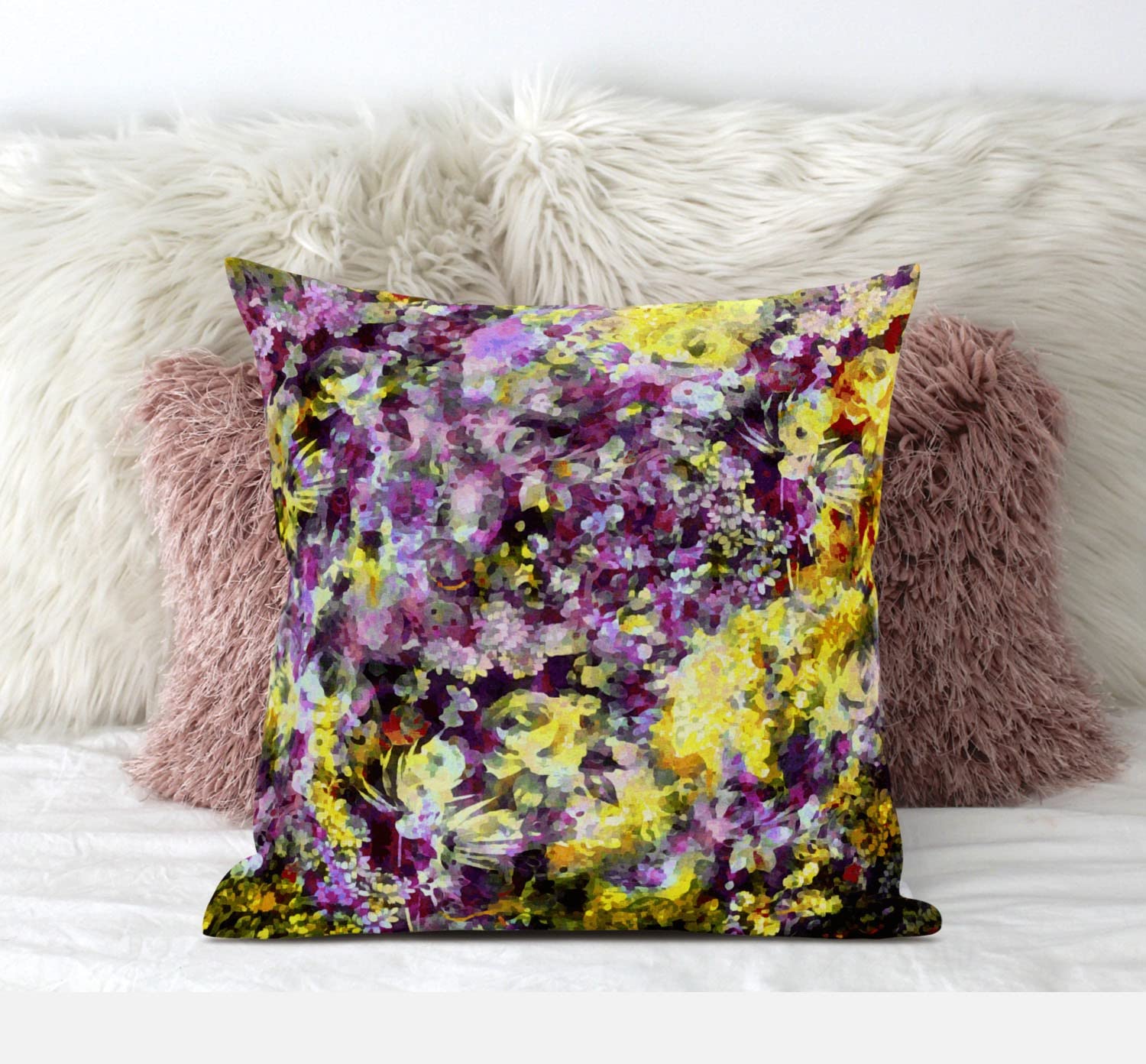 HomeRoots Pink Green Yellow 18' Purple Yellow Springtime Zippered Suede Throw Pillow