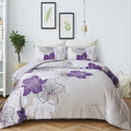 Floral Comforter Set King - 3 Piece Purple Floral Pattern Printed On Grey - Ultra Soft Microfiber Bedding Set Lightweight Boho B