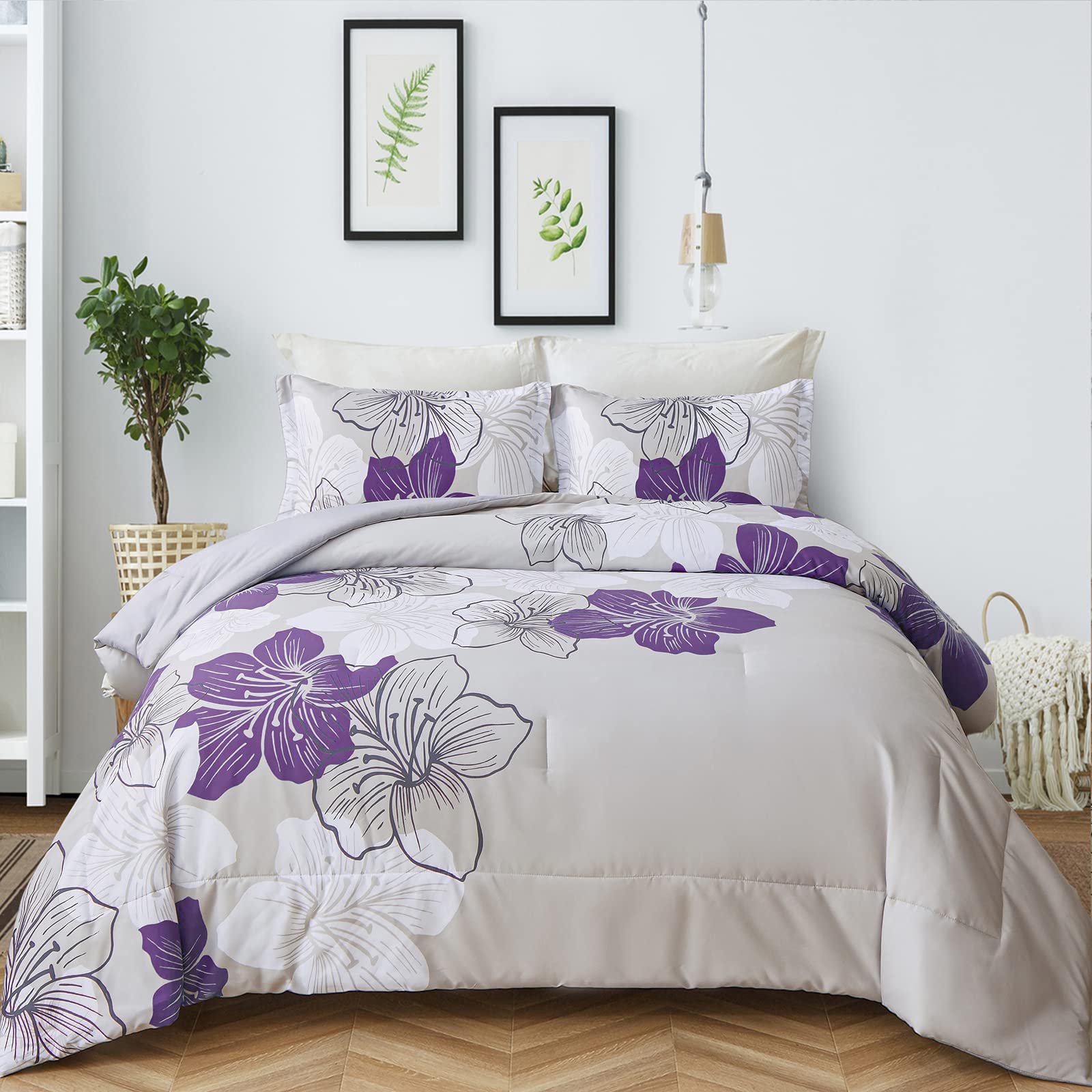Floral Comforter Set King - 3 Piece Purple Floral Pattern Printed On Grey - Ultra Soft Microfiber Bedding Set Lightweight Boho B