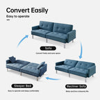 American Furniture Classics Blue Tufted Futon Convertible Sofa Sleeper with Two Throw Pillows Velvet, 85" x 35" x 35"