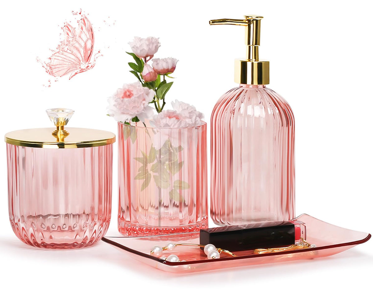 Jenseits Pink Bathroom Accessories Set, 4 Pcs Glass Bathroom Accessory Sets, Soap Dispenser, Toothbrush Holder, Qtip Holder, Van