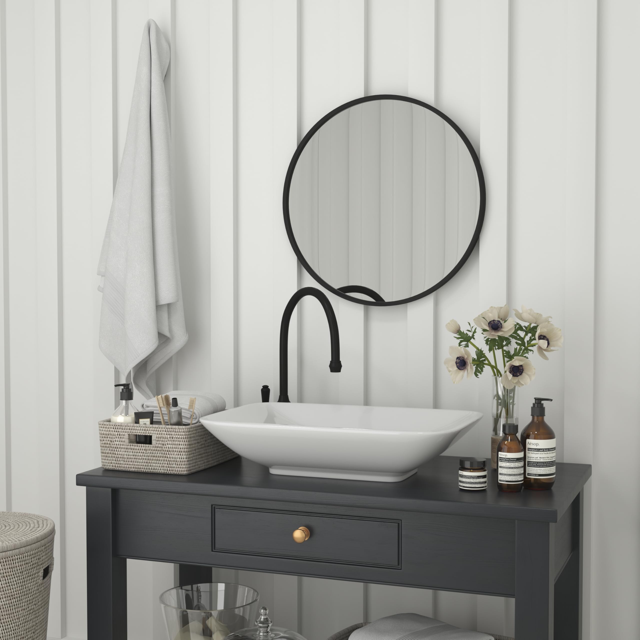 Flash Furniture Julianne Large Round Wall Mirror - Black Circle Accent Mirror - 24' Vanity Mirror - For Bathroom, Vanity, Entryway, Dining Room, & Living Room