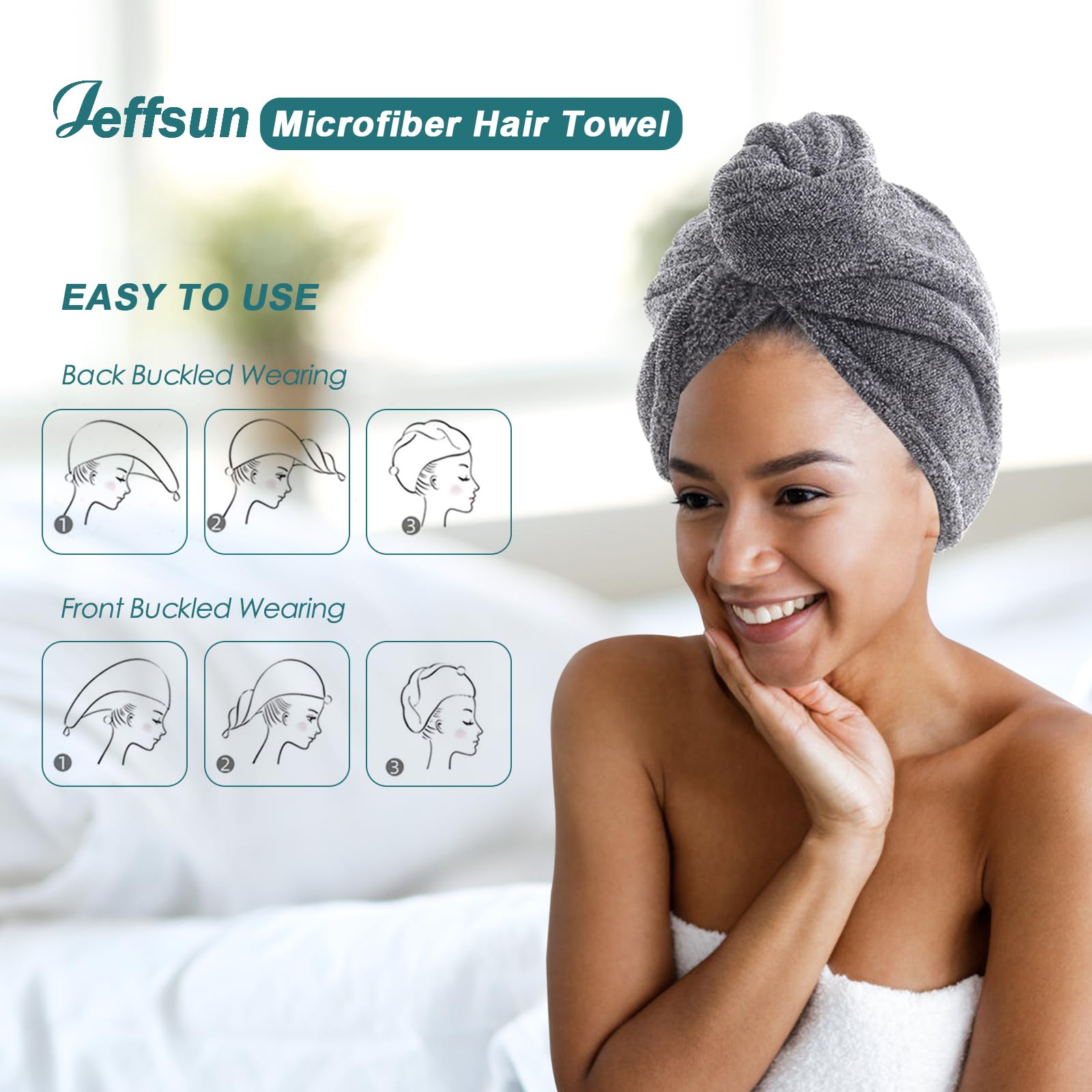 Jeffsun Microfiber Hair Towel Wrap For Women Girls, 2 Pack Super Absorbent Quick Drying Head Wraps Turban For Curly Long Thick F