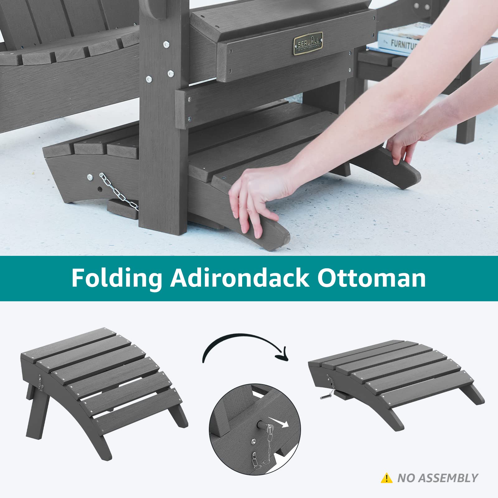 Serwall Folding Adirondack Ottoman For Adirondack Chair, No-Assembly Weather Resistance Outdoor Footstool, High Impact Polystyrene Folding Adirondack Footrest, Gray