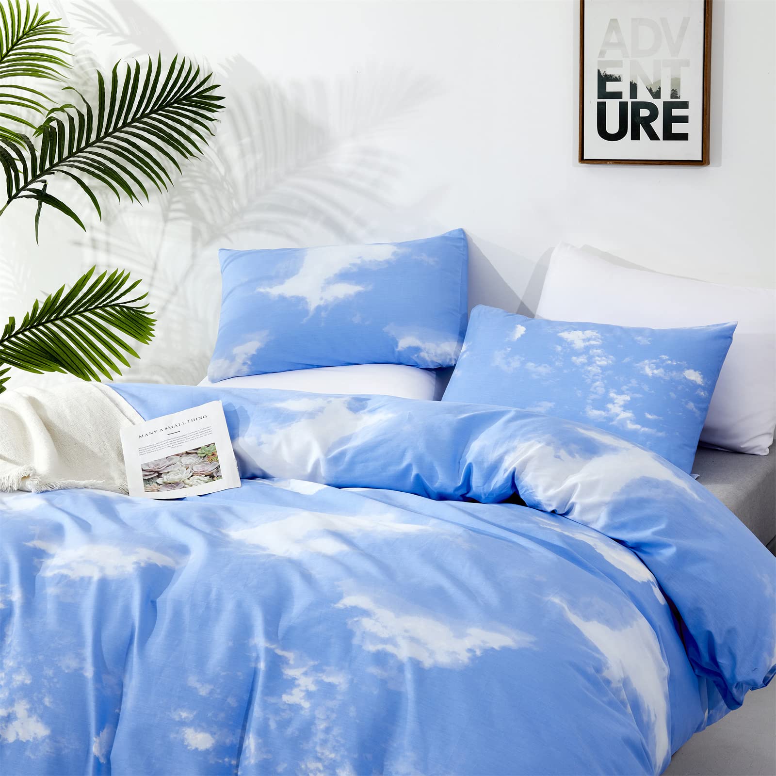 Clothknow Blue Cloud Queen Comforter Set 3Pcs Blue White Bedding Comforter Sets Blue Queen Comforter Soft Light Blue Cloud Queen Size Comforter Sets