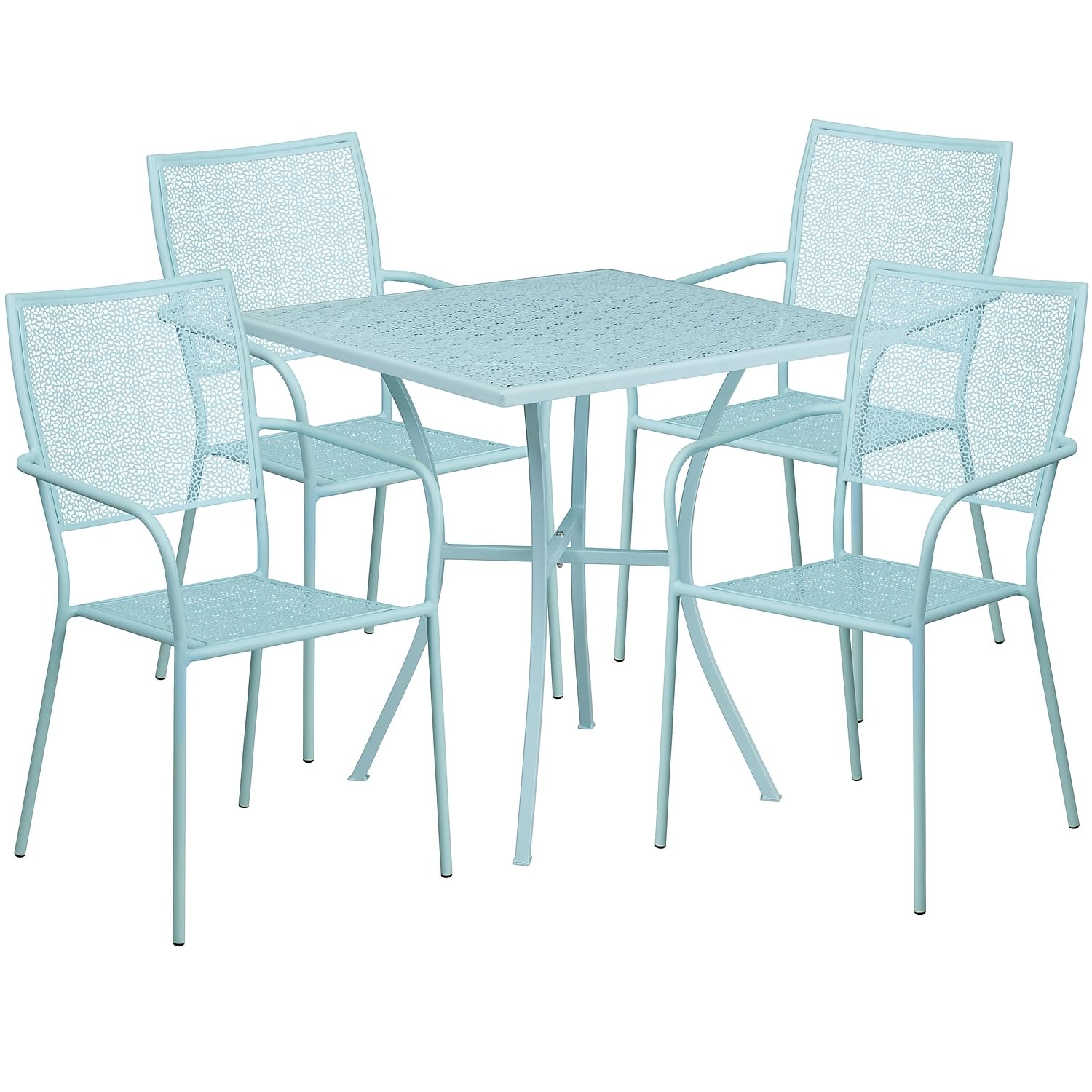 Flash Furniture Oia Commercial Grade 28 Square Sky Blue Indoor-Outdoor Steel Patio Table Set with 4 Square Back Chairs