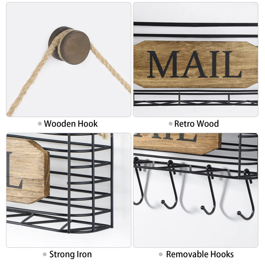 Sriwatana Mail Organizer Wall Mount, Rustic Mail Holder Key Holder For Wall With Hooks, Small Size, Carbonized Black