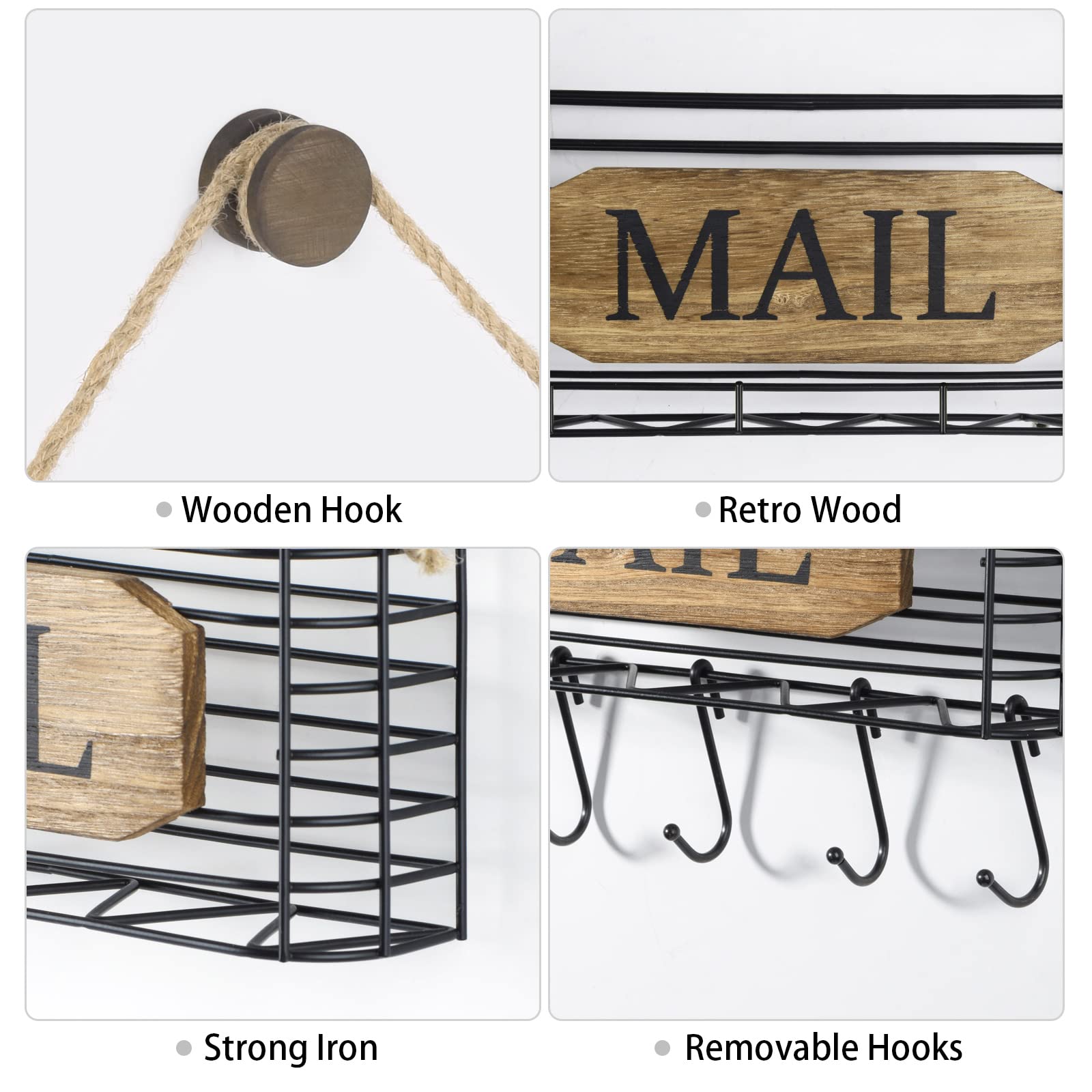 Sriwatana Mail Organizer Wall Mount, Rustic Mail Holder Key Holder For Wall With Hooks, Small Size, Carbonized Black
