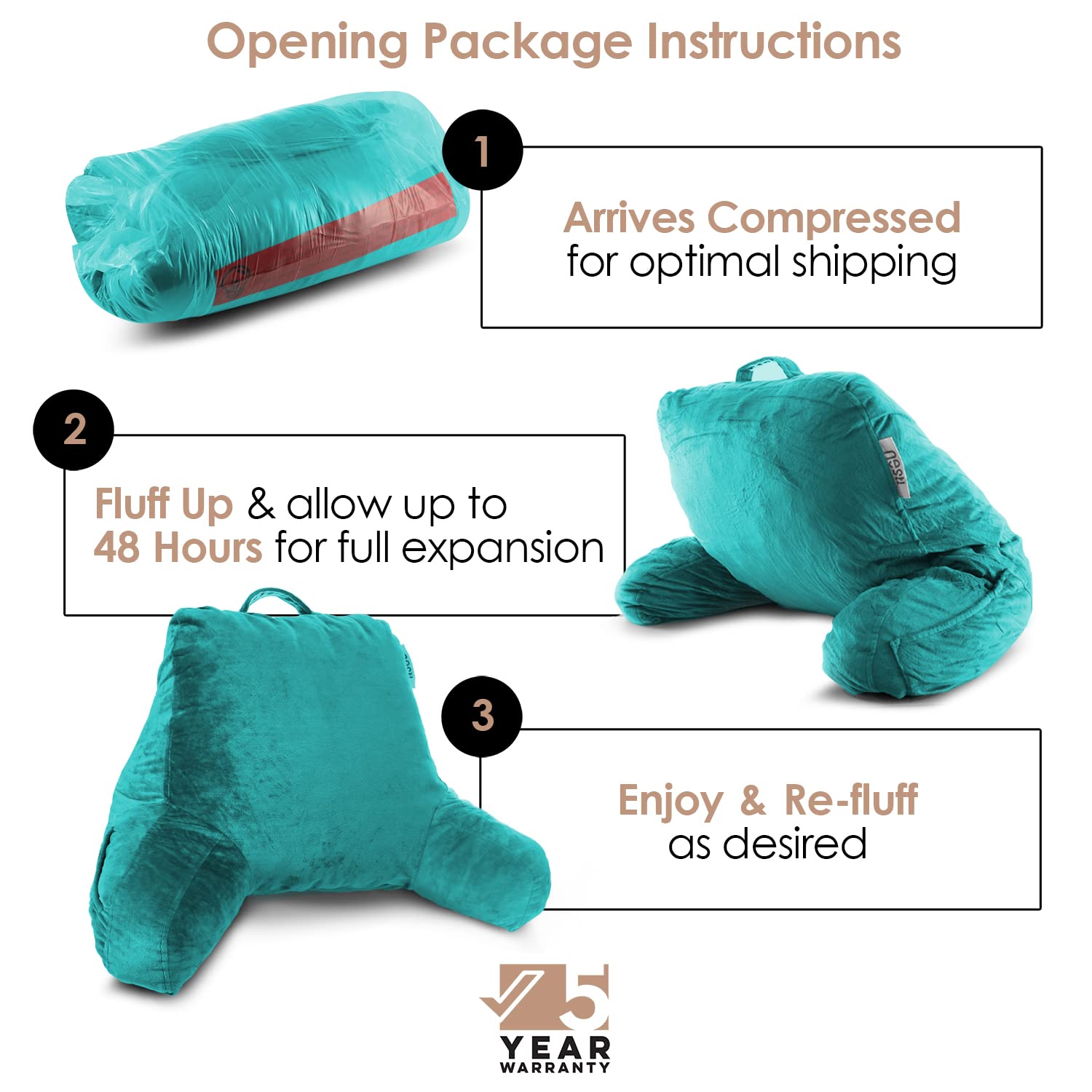 Nestl Reading Pillow Standard Bed Pillow, Back Pillow For Sitting In Bed Shredded Memory Foam Chair Pillow, Reading & Bed Rest Pillows Teal Back Pillow For Bed, Bed Chair Arm Pillow With Pockets