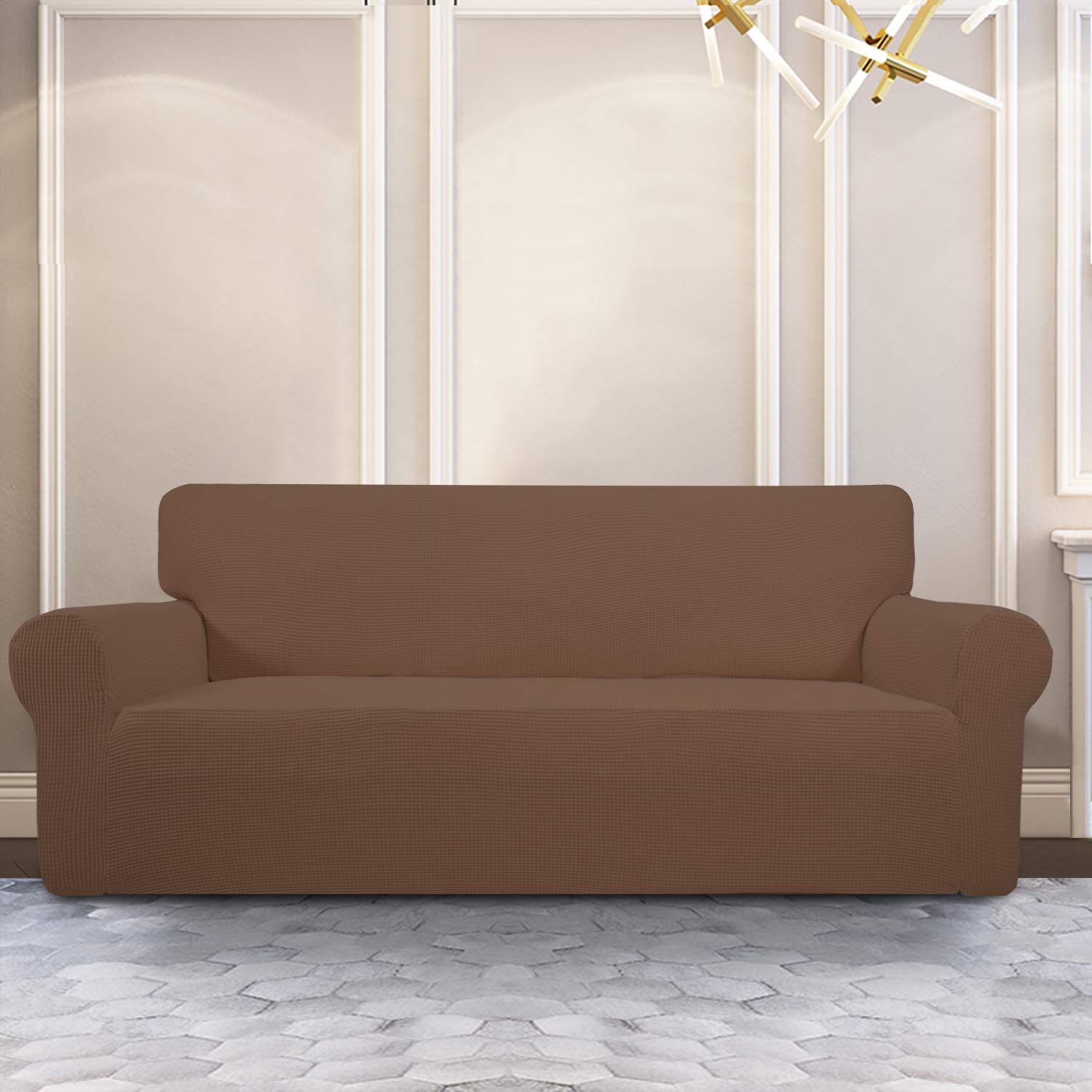 Purefit Stretch Oversized Sofa Slipcover – Spandex Jacquard Non Slip Soft Couch Sofa Cover, Washable Furniture Protector With Non Skid Foam And Elastic Bottom For Kids (Oversized Sofa, Brown)