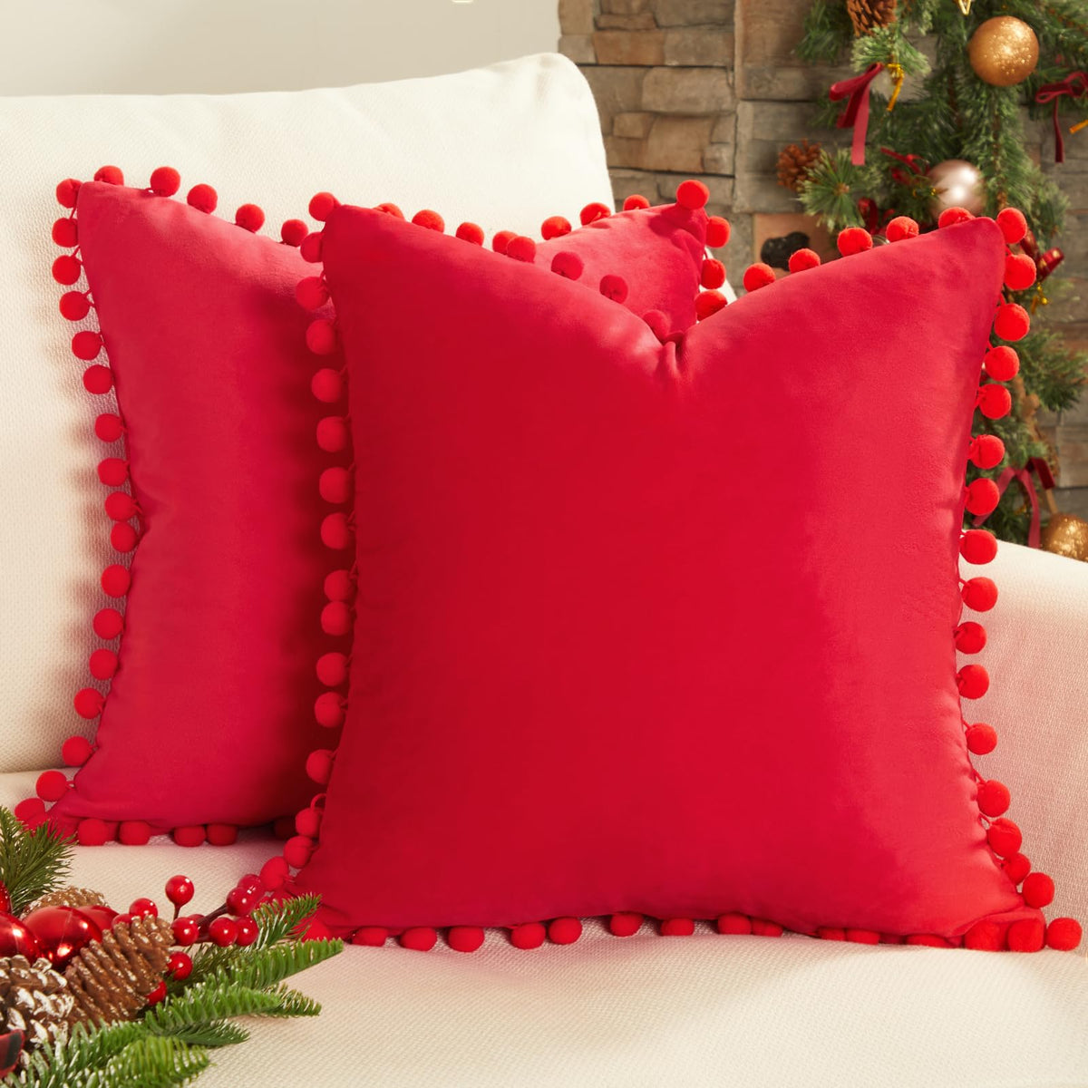 Top Finel Red Decorative Pillow Covers 20X20 Set Of 2 For Couch Throw Pillow Covers With Pom Poms, Soft Square Velvet Sofa Pillo