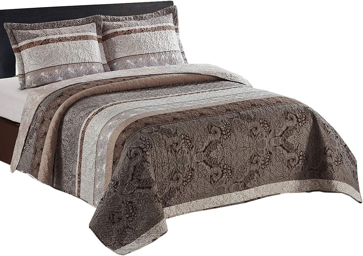 Royal Tradition Callisto Taupe Reversible Coverlets, Full Over-Sized 3Pc Quilt Set (92-Inch Wide X 96-Inch Long) Lightweight Bed