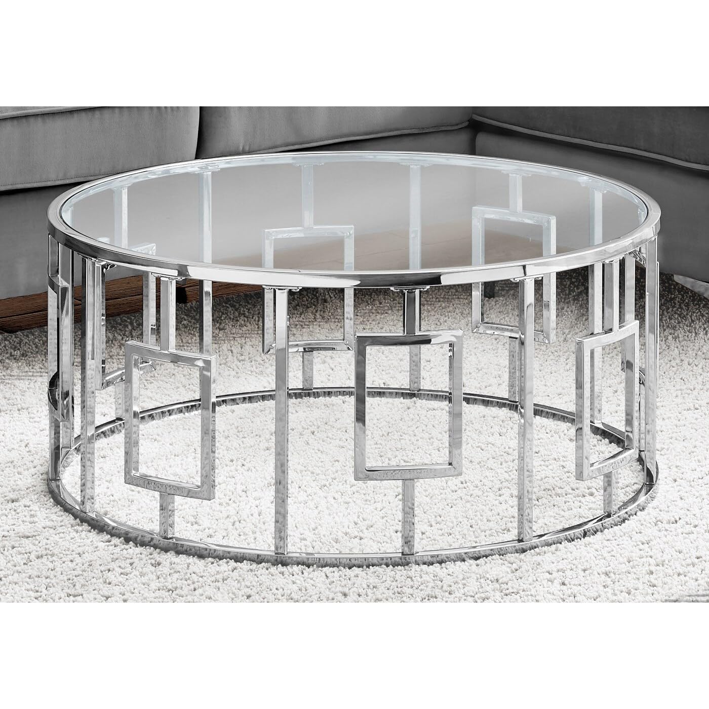 Monarch Specialties 7830 Coffee Table, Accent, Cocktail, Round, Living Room, 36&quot; Dia, Metal, Tempered Glass, Chrome, Clear, Transitional Table-36, 36&quot; L X 36&quot; W X 16.5&quot; H