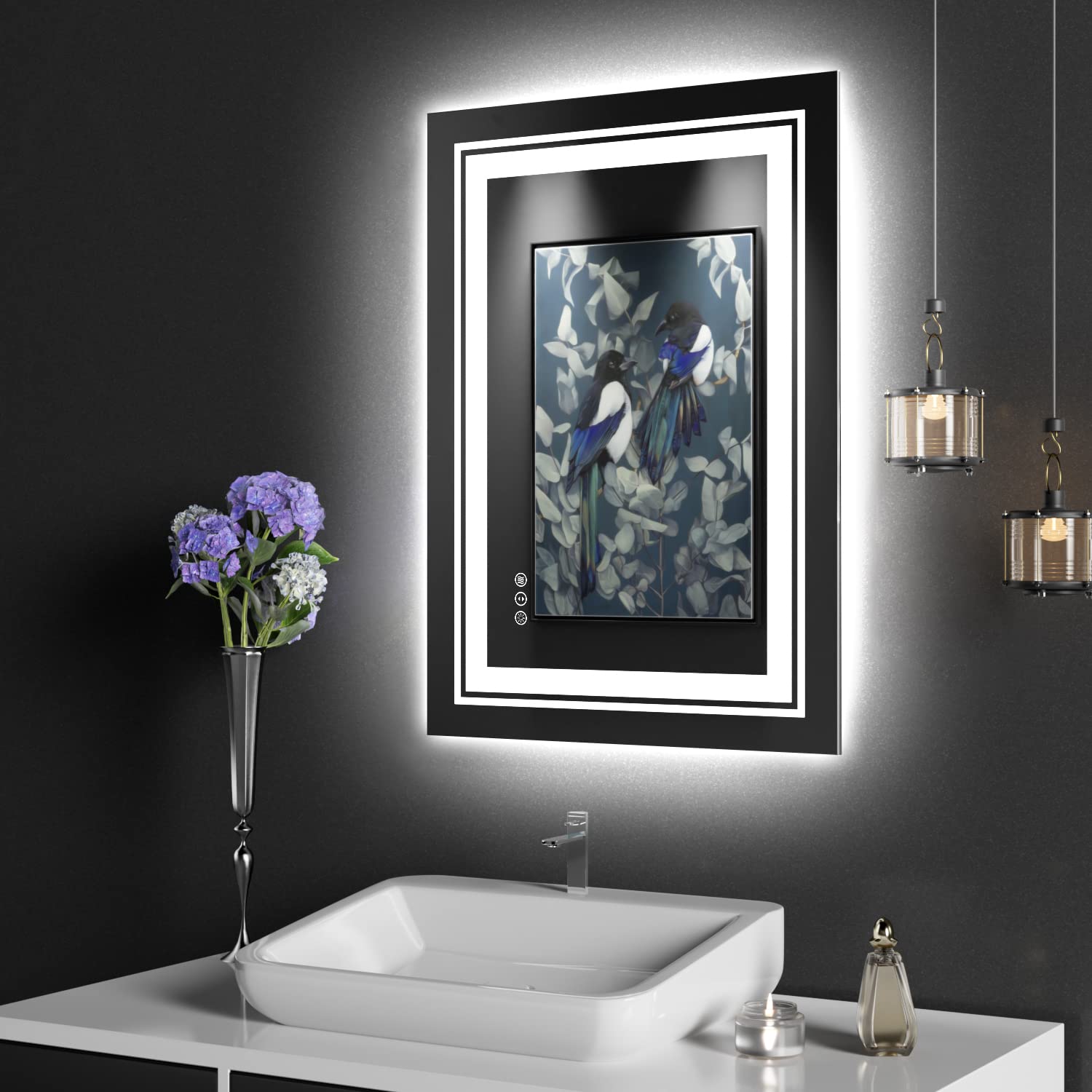 Snowdool 72X32 LED Bathroom Mirror with Lights, Front and Backlit Mirror Bathroom, Stepless Dimmable, Anti-Fog LED Mirror, Light