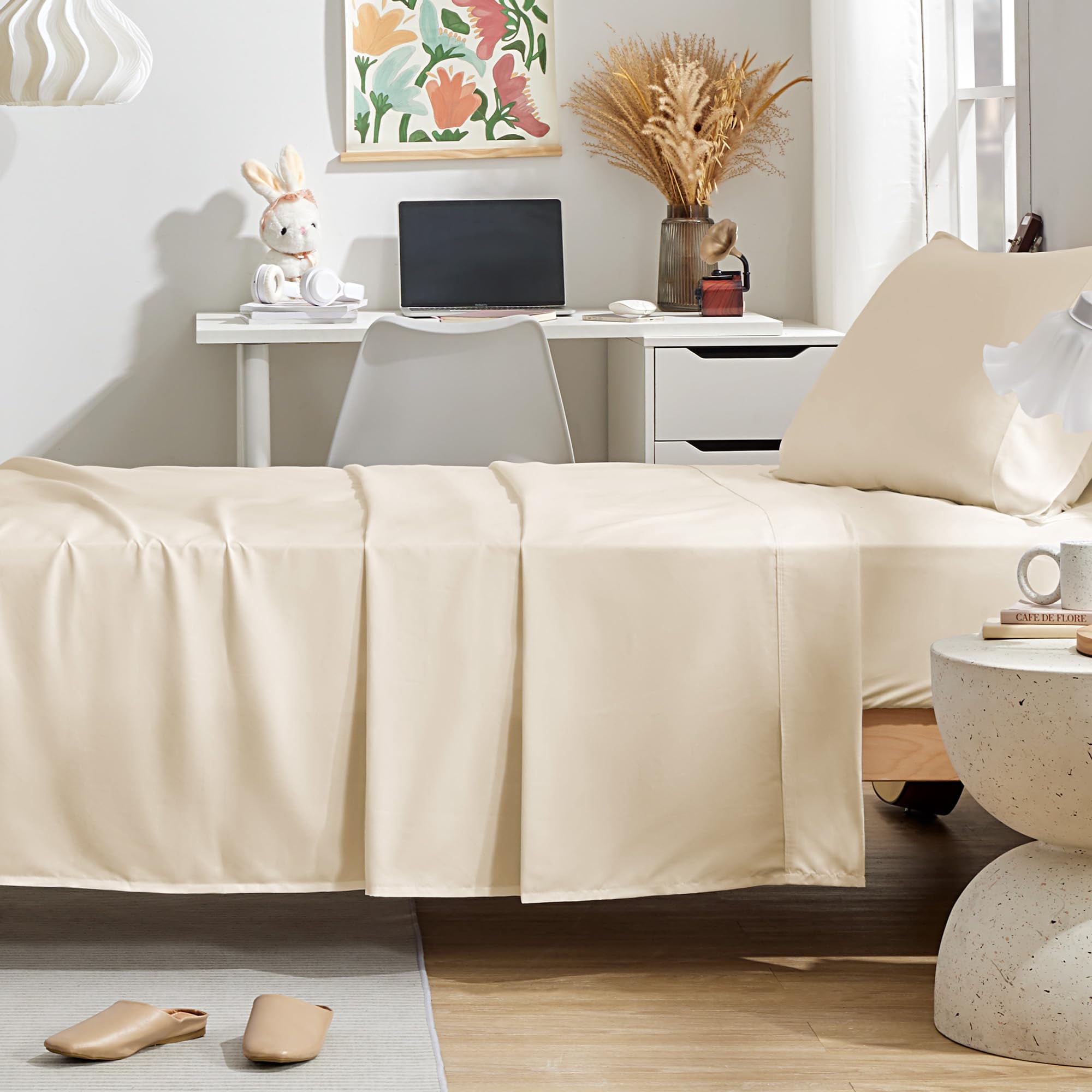 Sleep Zone Nanotex Super Soft Cooling Twin Bed Sheets Set For Kids 3 Piece - Easy Care Fitted Flat Sheet & Pillowcase Sets - Wrinkle Free, Fade Resistant, Deep Pocket 16' (Beige, Twin)