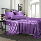 TREELY Satin Bed Sheets 6 Piece,Hotel Luxury Silky Queen Sheet Set with Deep Pocket, Fitted Sheet - Purple Queen Size Satin Shee
