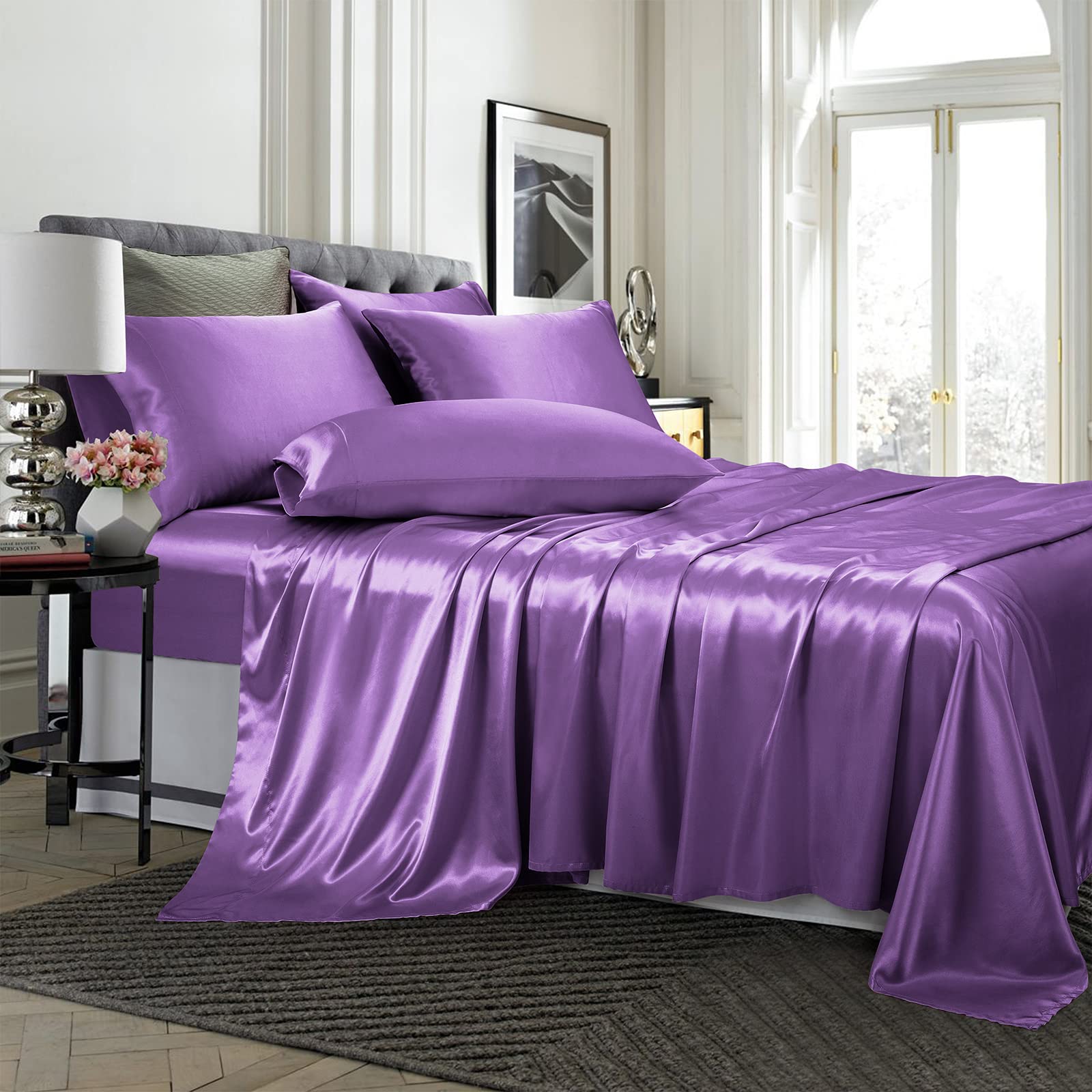 TREELY Satin Bed Sheets 6 Piece,Hotel Luxury Silky Queen Sheet Set with Deep Pocket, Fitted Sheet - Purple Queen Size Satin Shee