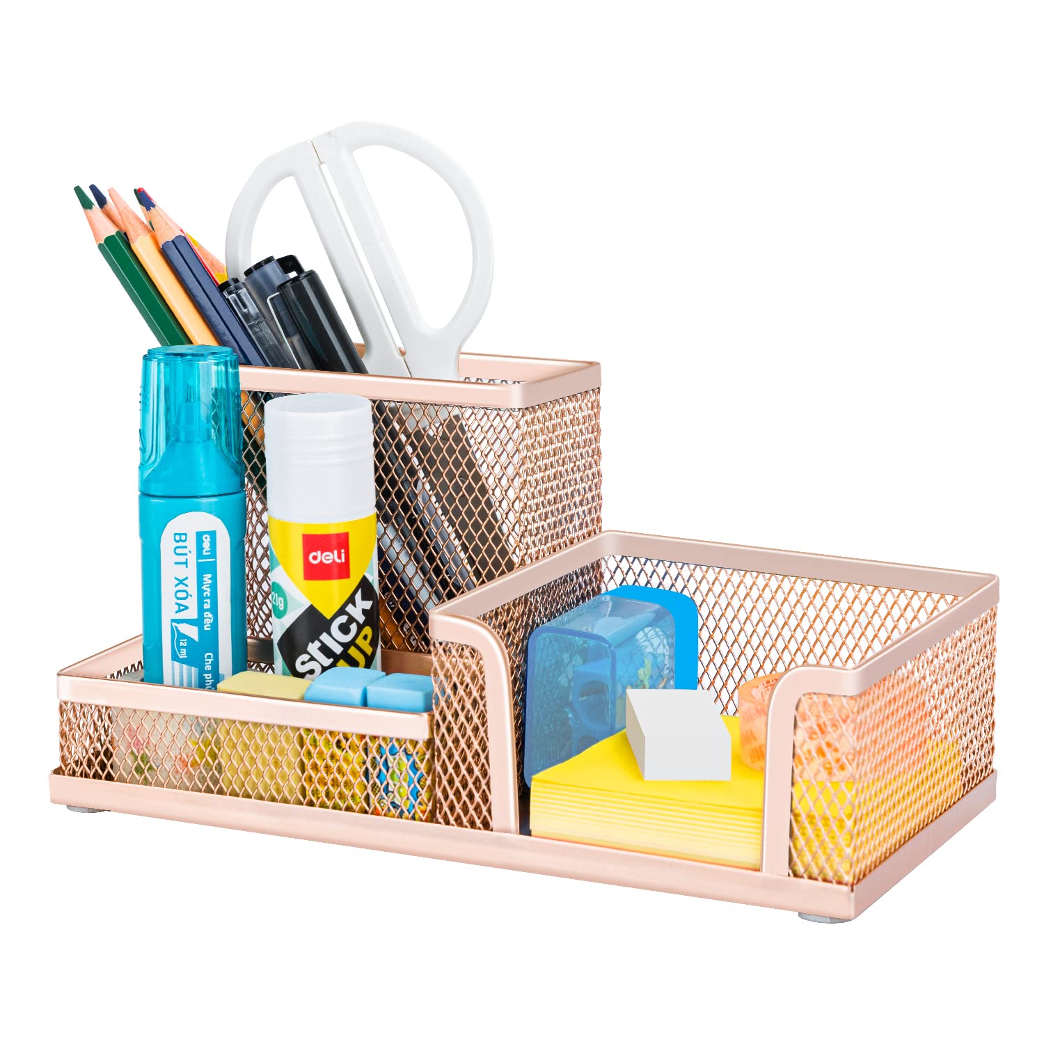 Deli Mesh Desk Organizer Office Supplies Caddy With Pencil Holder And Storage Baskets For Desktop Accessories, 3 Compartments, G