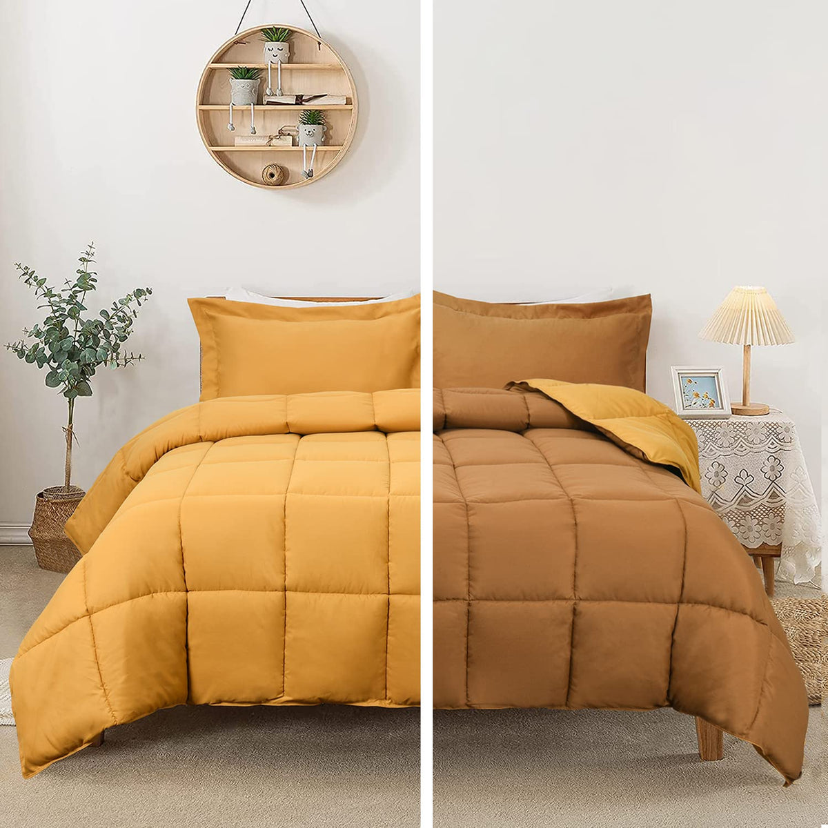 Hig 3-Piece All Season Mustard Yellow Down Alternative Comforter Set For King Size Bed - Diamond Stitched - 4 Corner Tabs - 100%