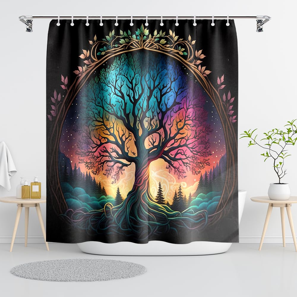 Reateforin Black Shower Curtain Tree Of Life Celestial Neon Bright Fabric Vintage Colorful Timbo On Branches Plants Fantasy Art