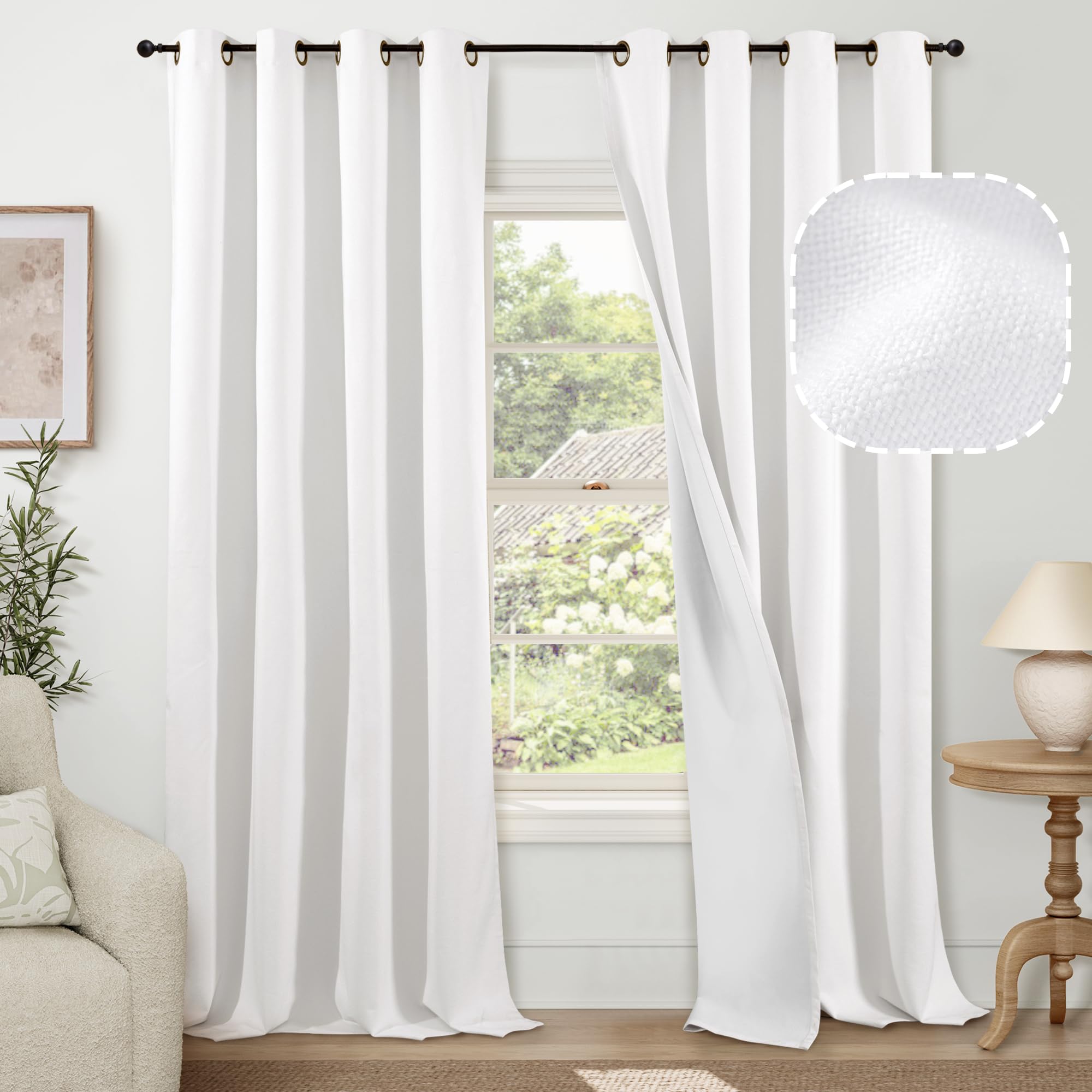 Lajode White 100% Blackout Linen Curtains For Living Room 90 Inches Long 2 Panels, Faux Linen Textured Floor Length Thermal Insu