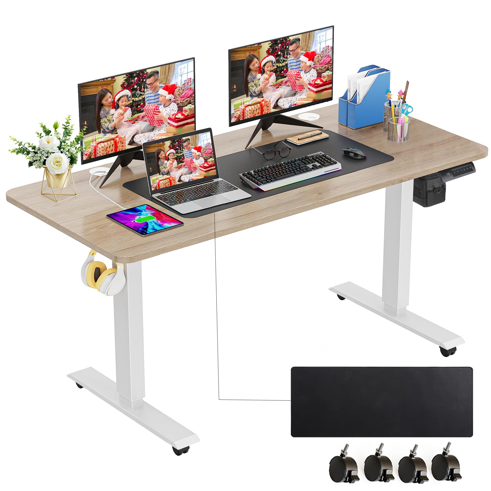 farexon Electric Standing Desk Adjustable Height, 55 x 24 Inch Stand up Desk with Large Mouse Pad, Rolling Wheels & Foot Pad,27
