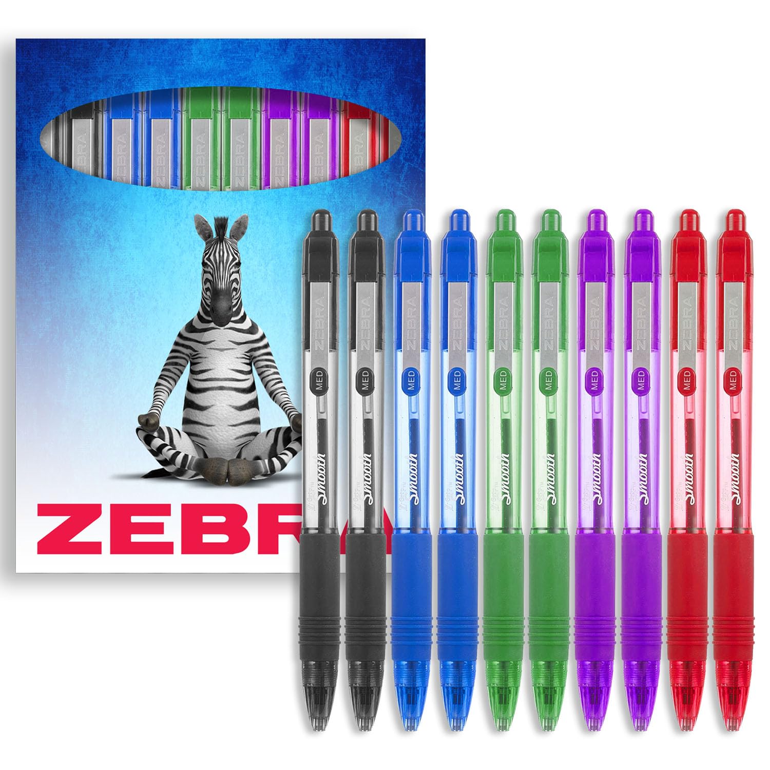 Zebra Z-Grip Smooth Ballpoint Pen - 1.0Mm - Essential Set - Black, Blue, Red, Green & Violet Ink - Pack Of 10 - In Zebra Packagi