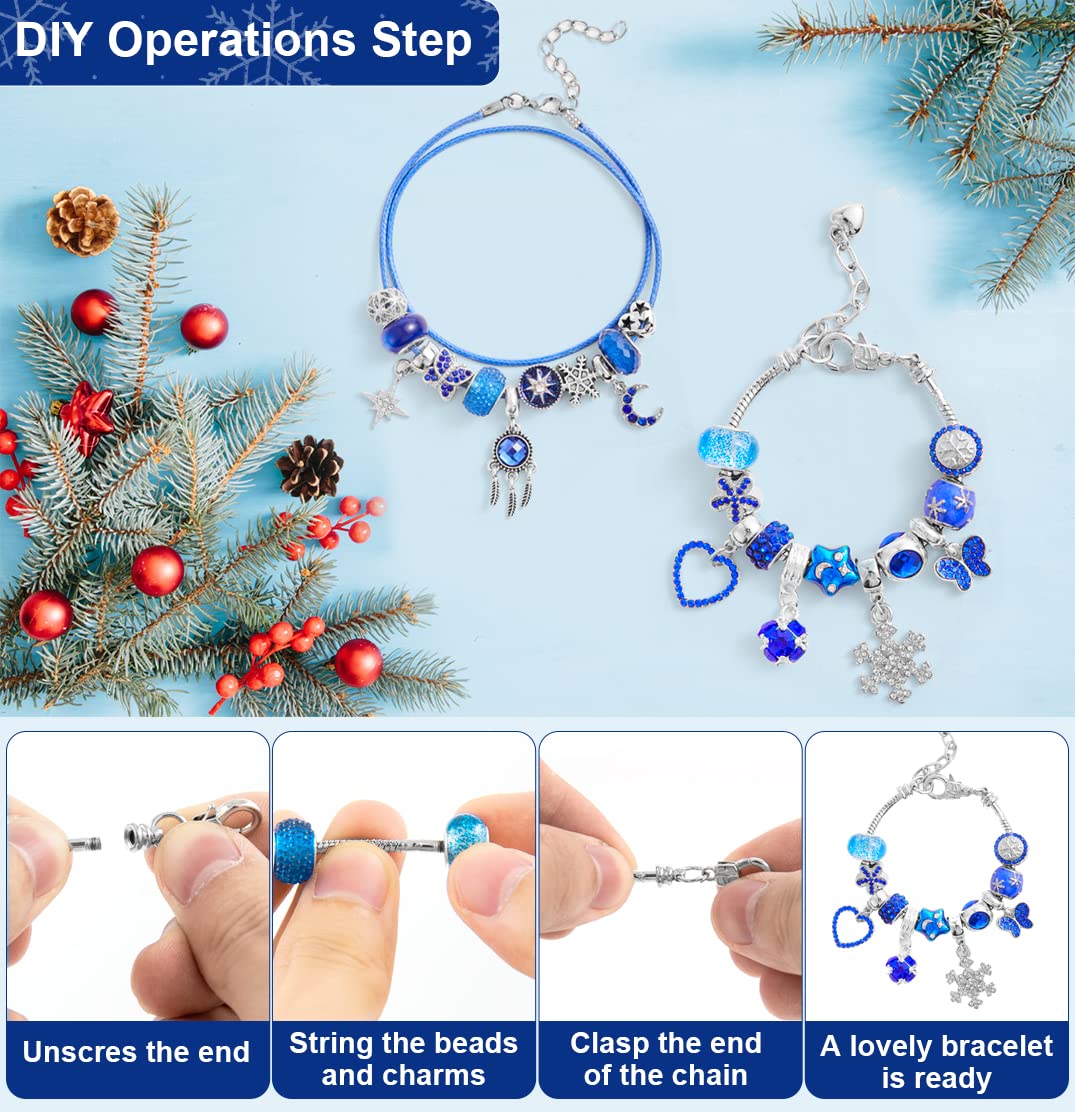 Jewelry Advent Calendar Women, 24 Day Christmas Countdown Calendar Diy Charm Bracelets & Necklaces With Blue Charm Beads, Xmas S