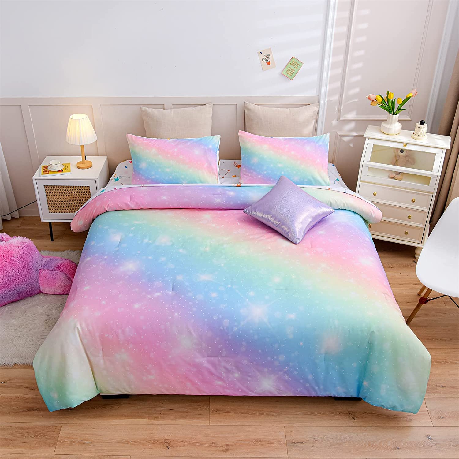 A Nice Night 6Pcs Gradient Glitter Bedding Set For Girls, Colorful Rainbow Galaxy Comforter Set, Ultra Soft Bedding Sets (Pink,Q