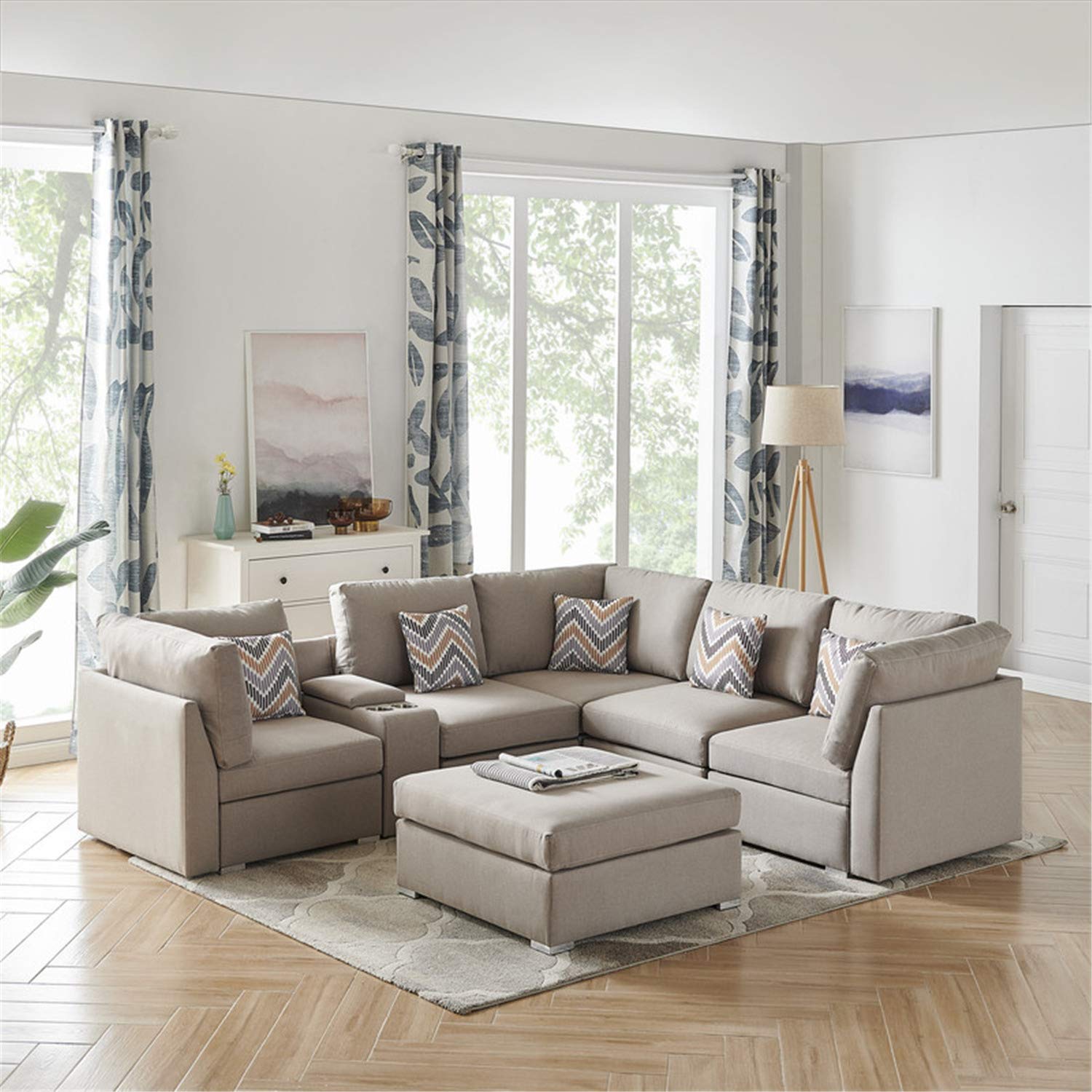 Lilola Home Amira Beige Fabric Reversible Sectional Sofa with USB Console and Ottoman