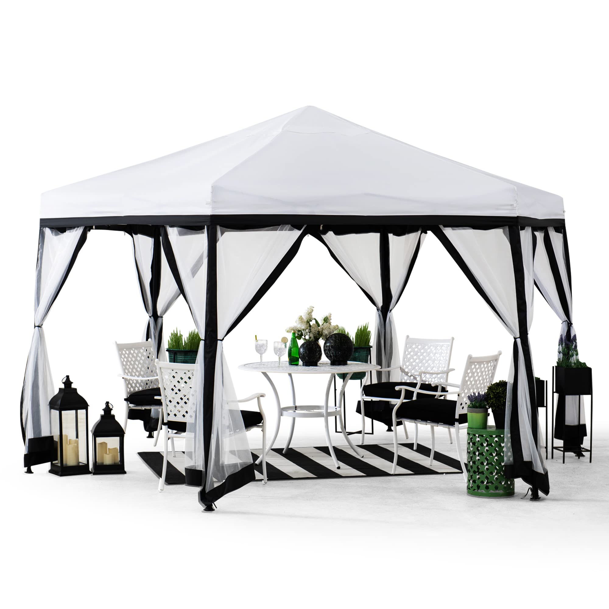 Sunjoy 11X11 Ft. Pop Up Gazebo, 2-Tone Portable Canopy/Tent, Outdoor Hexagon Steel Frame Soft Top Gazebo, Mesh Sidewalls And Car