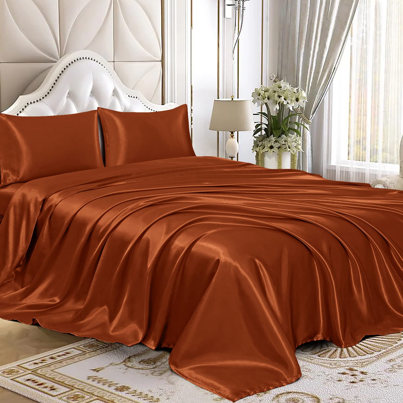 Homiest 4Pcs Satin Sheets Set Luxury Silky Satin Bedding Set With Deep Pocket, 1 Fitted Sheet + 1 Flat Sheet + 2 Pillowcases (Full Size, Burnt Orange)